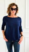 Break Free Round - Neck 3/4 Sleeve Italian Sweater Top - Navy-140 Sweaters-J.D. PRONTO MODA-Coastal Bloom Boutique, find the trendiest versions of the popular styles and looks Located in Indialantic, FL