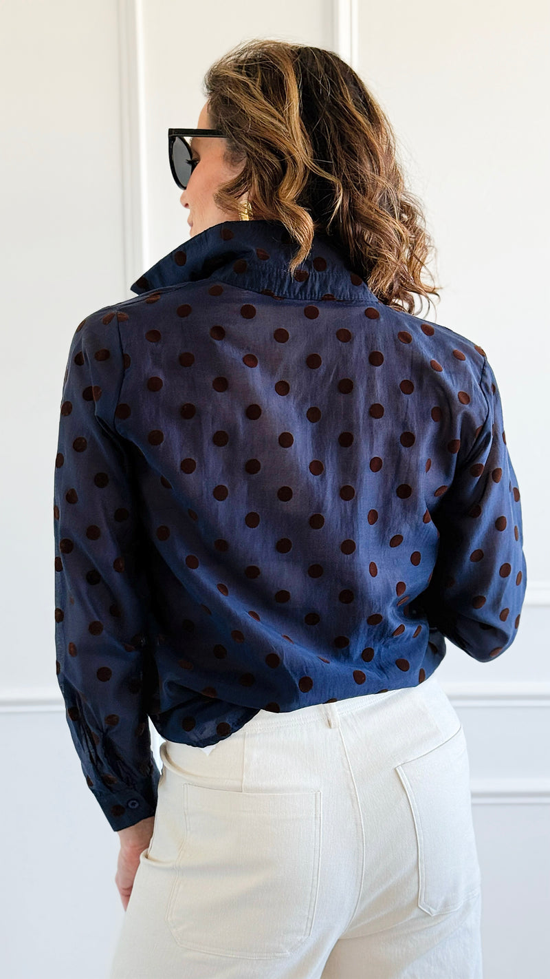 Charmed In Dots Italian Button Up Top- Navy-170 Bottoms-AZUL MONACO-Coastal Bloom Boutique, find the trendiest versions of the popular styles and looks Located in Indialantic, FL