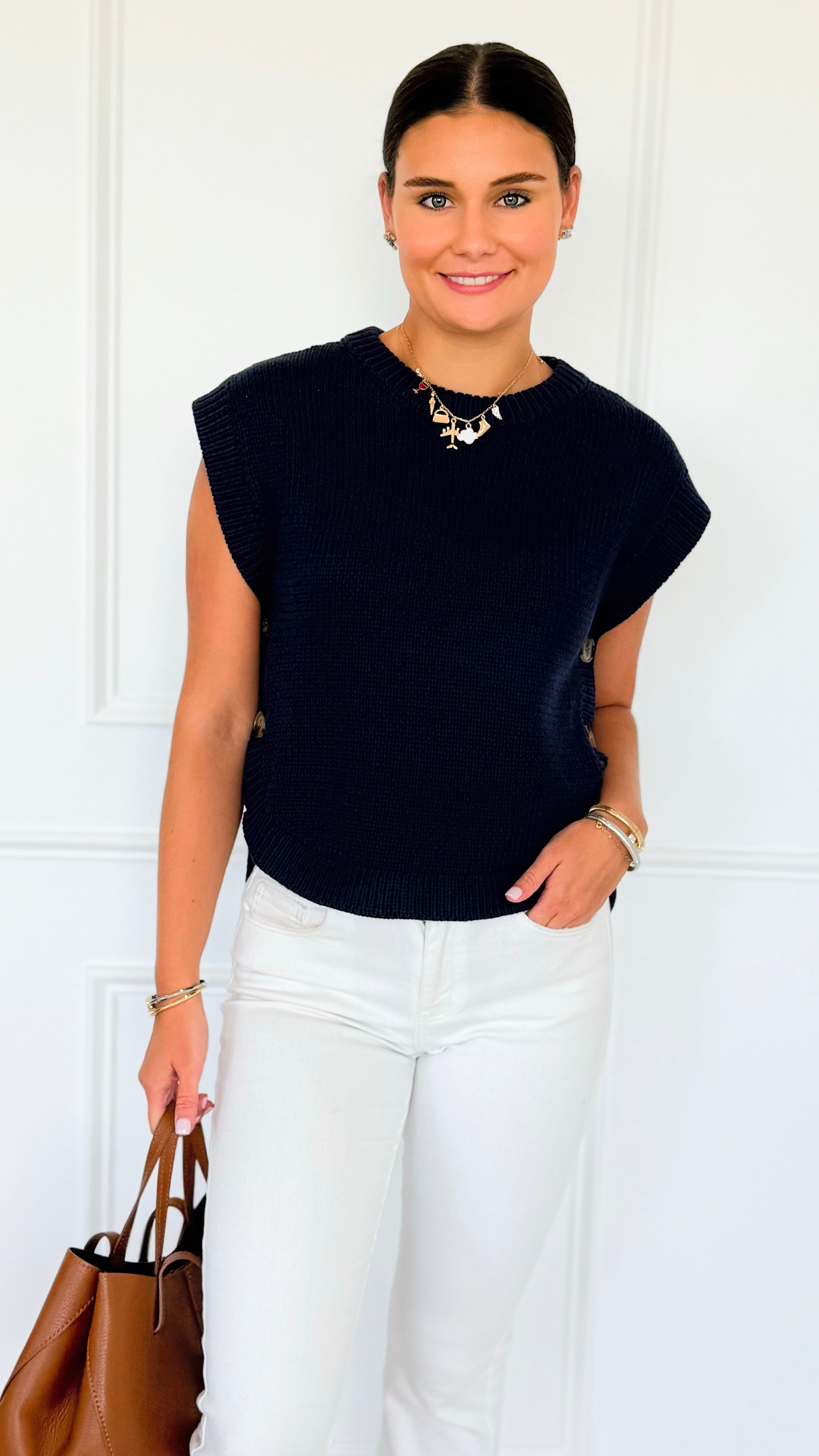 Signature Side Button Knit Vest - Midnight Navy-150 Cardigans/Layers-idem ditto-Coastal Bloom Boutique, find the trendiest versions of the popular styles and looks Located in Indialantic, FL