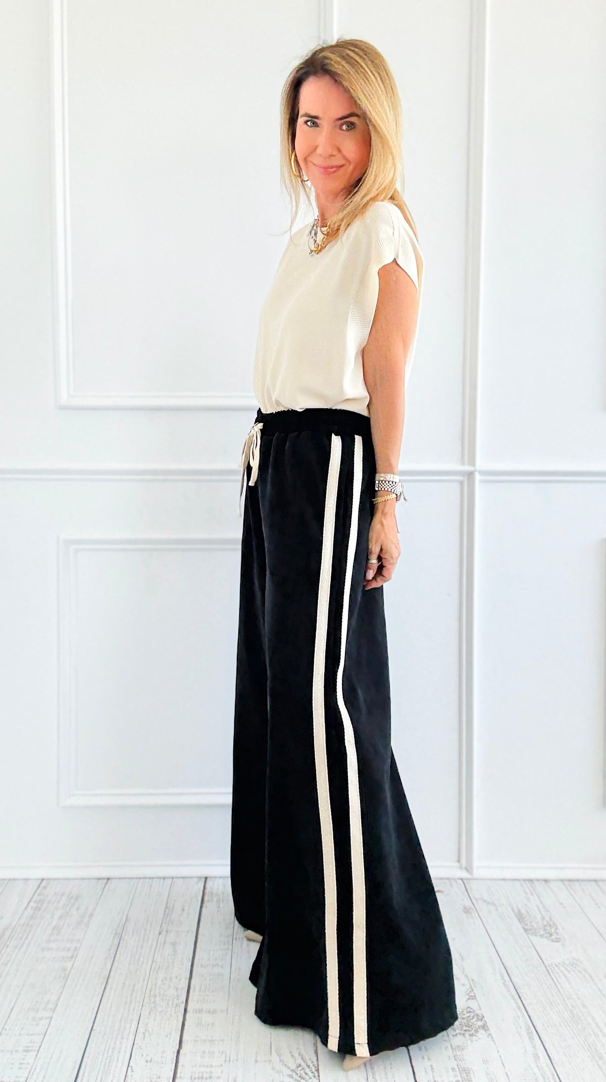 Tracked Threads Italian Palazzo- Black-100 Pants-AZUL MONACO-Coastal Bloom Boutique, find the trendiest versions of the popular styles and looks Located in Indialantic, FL