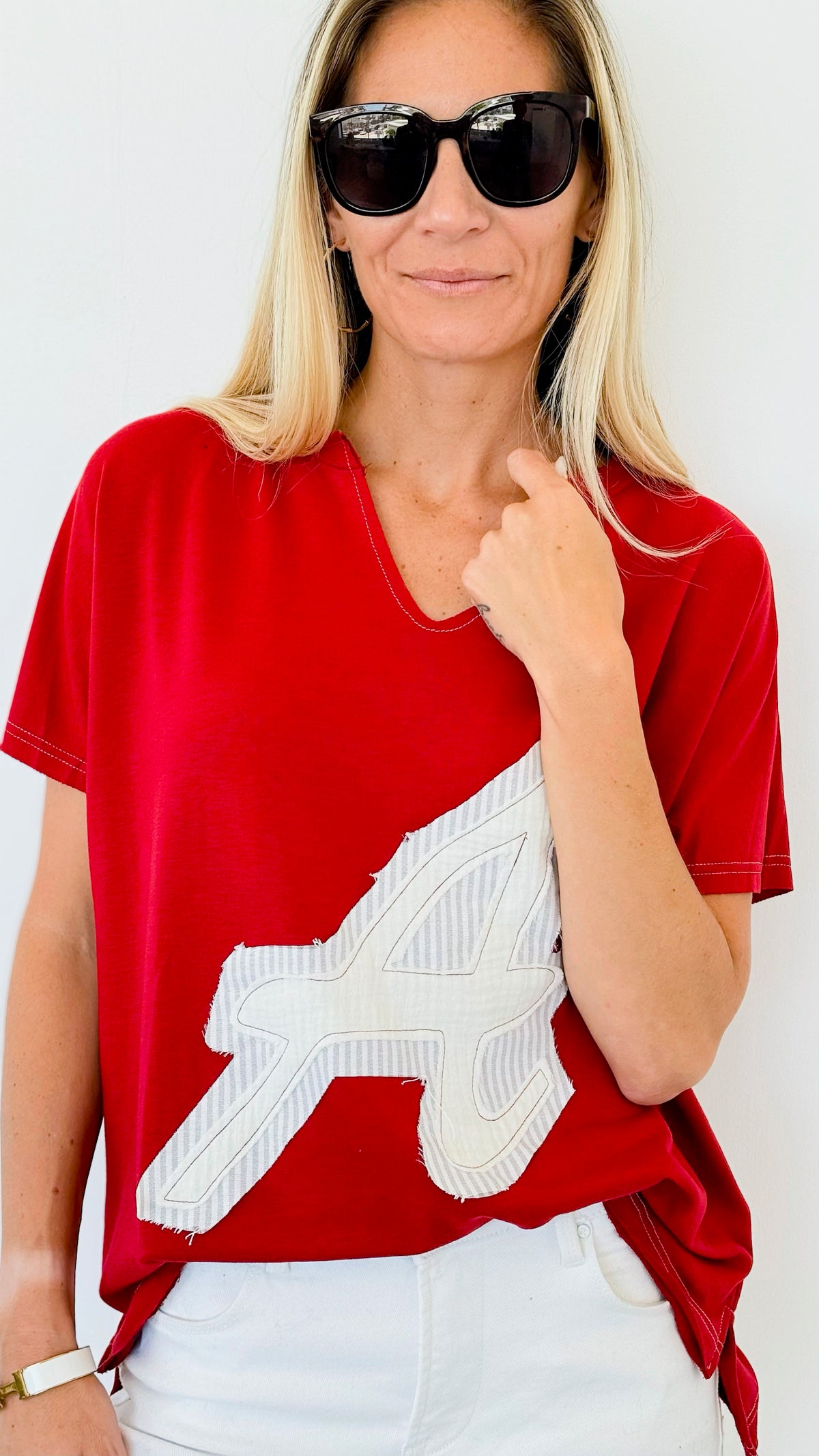 Give Me an A Patchwork Top - Crimson-110 Short Sleeve Tops-Anniewear-Coastal Bloom Boutique, find the trendiest versions of the popular styles and looks Located in Indialantic, FL