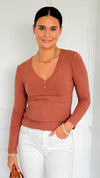 Button Me Up Ribbed Top - Dusty Copper-130 Long Sleeve Tops-YELETE-Coastal Bloom Boutique, find the trendiest versions of the popular styles and looks Located in Indialantic, FL