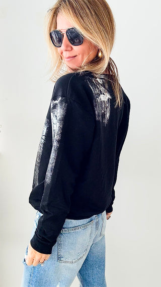 CB Custom Metallic Sweatshirt - Black/Silver-130 Long Sleeve Tops-HOLLY / CB-Coastal Bloom Boutique, find the trendiest versions of the popular styles and looks Located in Indialantic, FL