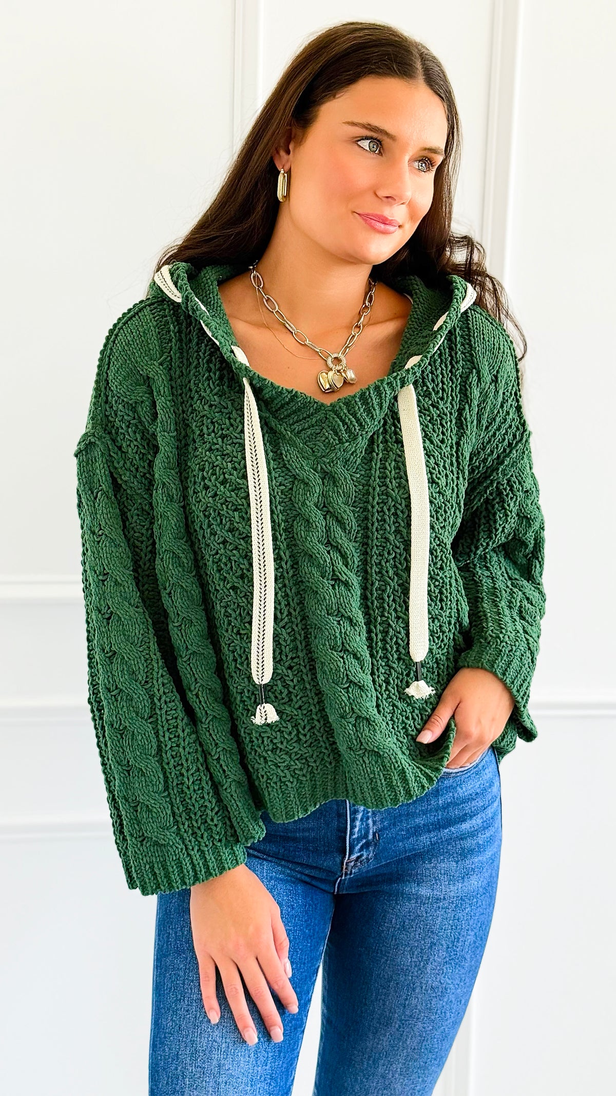 Seaside Breeze Hooded Chenille Sweater - Dark Green-140 Sweaters-Zenana-Coastal Bloom Boutique, find the trendiest versions of the popular styles and looks Located in Indialantic, FL