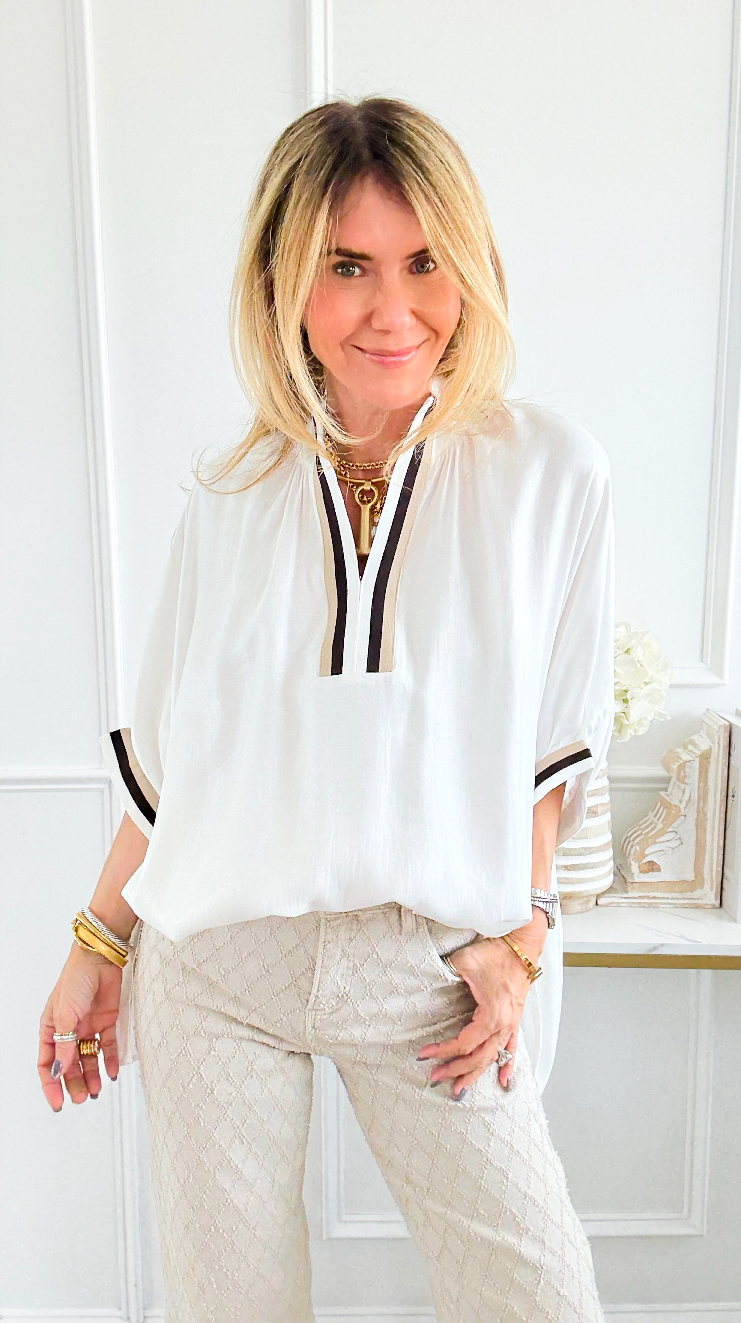 Sunset Lane V-Neck Blouse-110 Short Sleeve Tops-GLAM-Coastal Bloom Boutique, find the trendiest versions of the popular styles and looks Located in Indialantic, FL