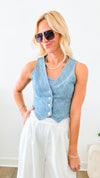 Patterned Denim Vest-100 Sleeveless Tops-Edit By Nine-Coastal Bloom Boutique, find the trendiest versions of the popular styles and looks Located in Indialantic, FL