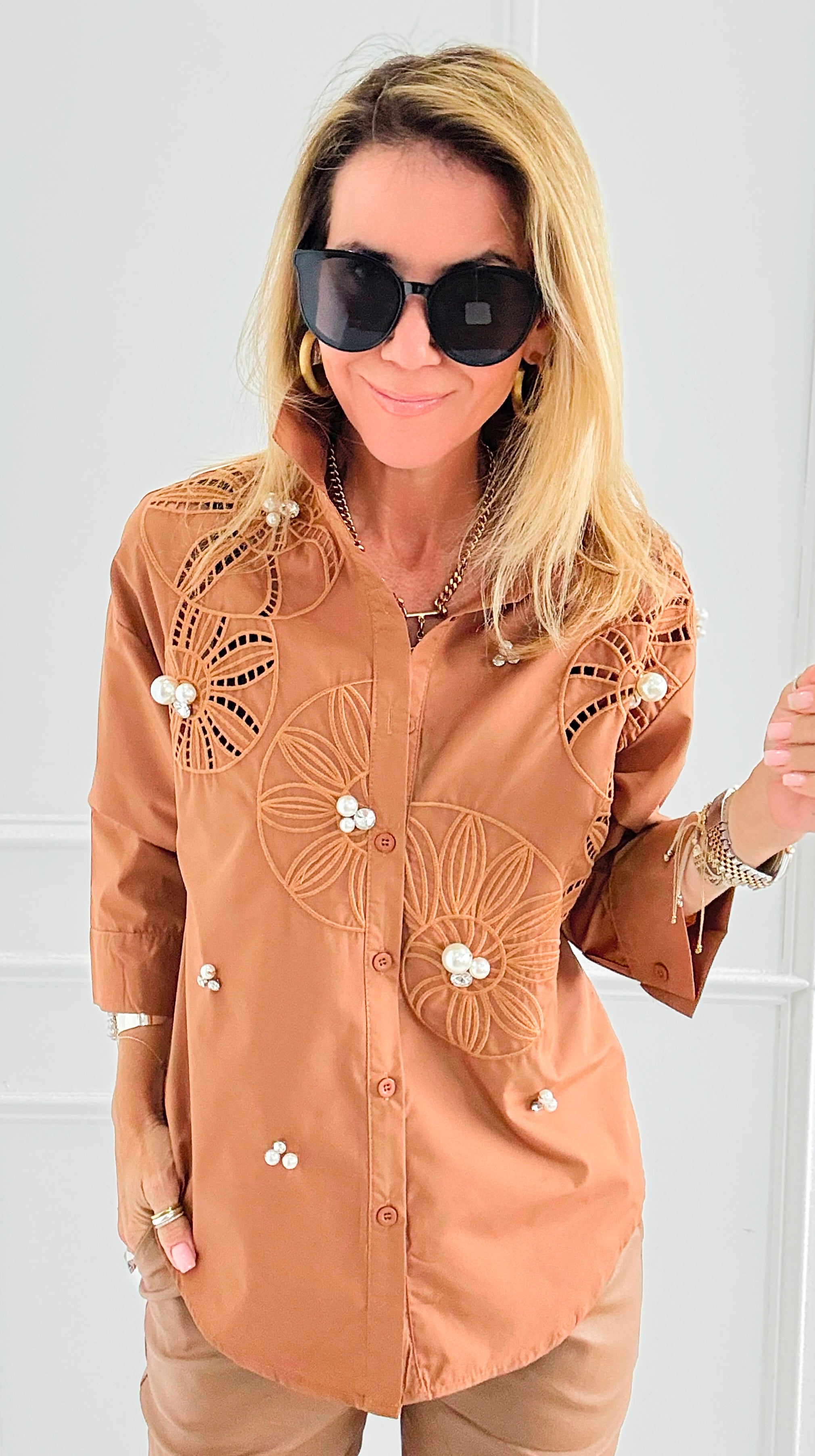 Rhinestone Embroidered Blouse - Camel-130 Long Sleeve Tops-PASTEL DESIGN-Coastal Bloom Boutique, find the trendiest versions of the popular styles and looks Located in Indialantic, FL