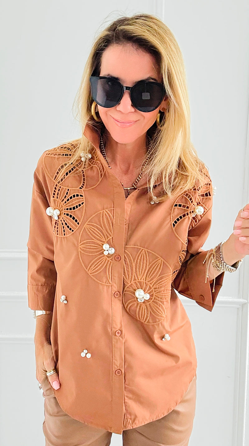 Rhinestone Embroidered Blouse - Camel-130 Long Sleeve Tops-PASTEL DESIGN-Coastal Bloom Boutique, find the trendiest versions of the popular styles and looks Located in Indialantic, FL