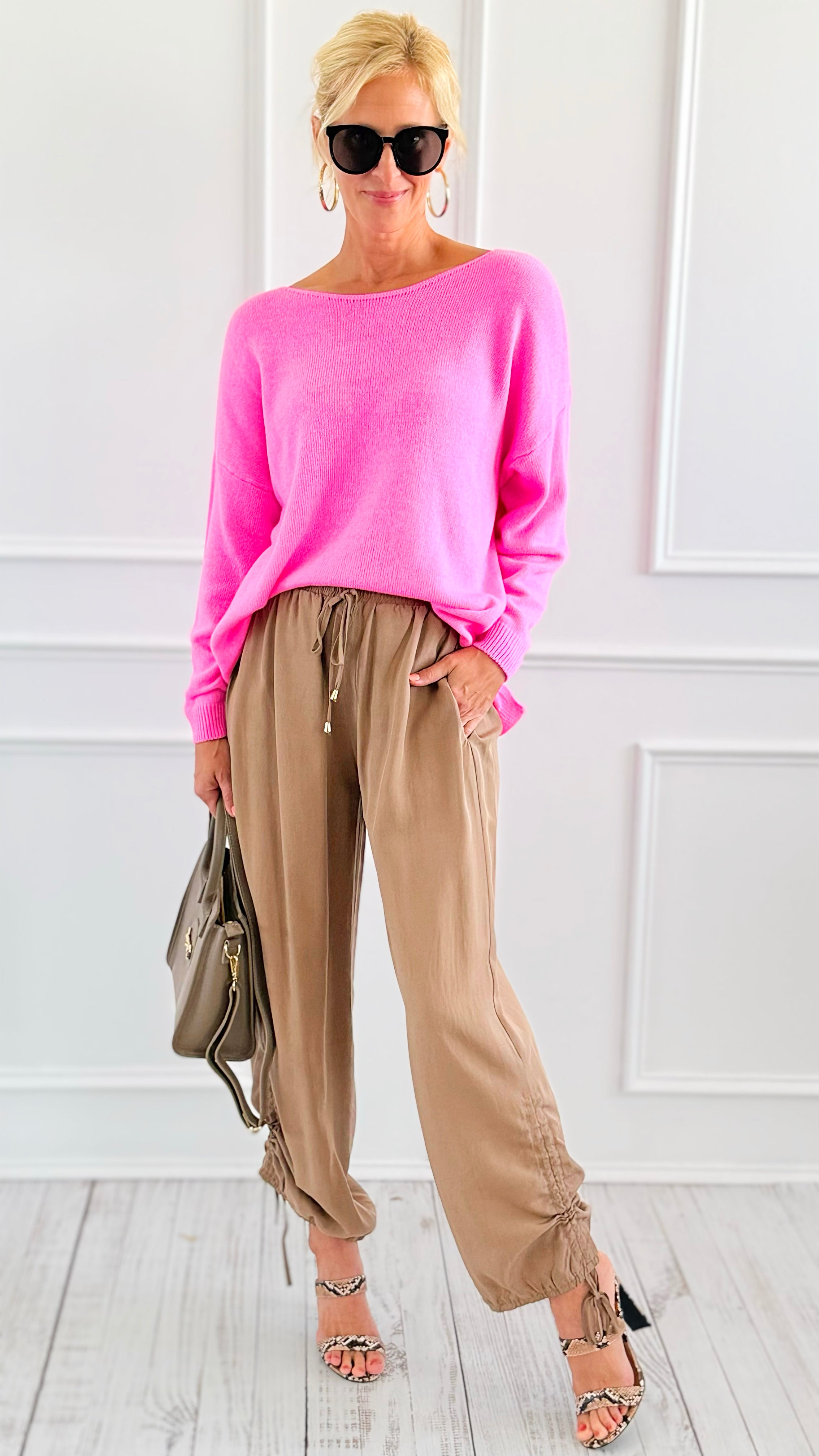Drapey Twill Adjustable Scrunch Joggers - Mocha-170 Bottoms-Allie Rose-Coastal Bloom Boutique, find the trendiest versions of the popular styles and looks Located in Indialantic, FL