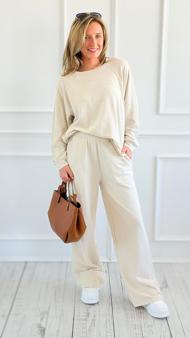 Relax Mode Long Sleeve Slub Knit Set - Sand Beige-210 Loungewear/Sets-Zenana-Coastal Bloom Boutique, find the trendiest versions of the popular styles and looks Located in Indialantic, FL