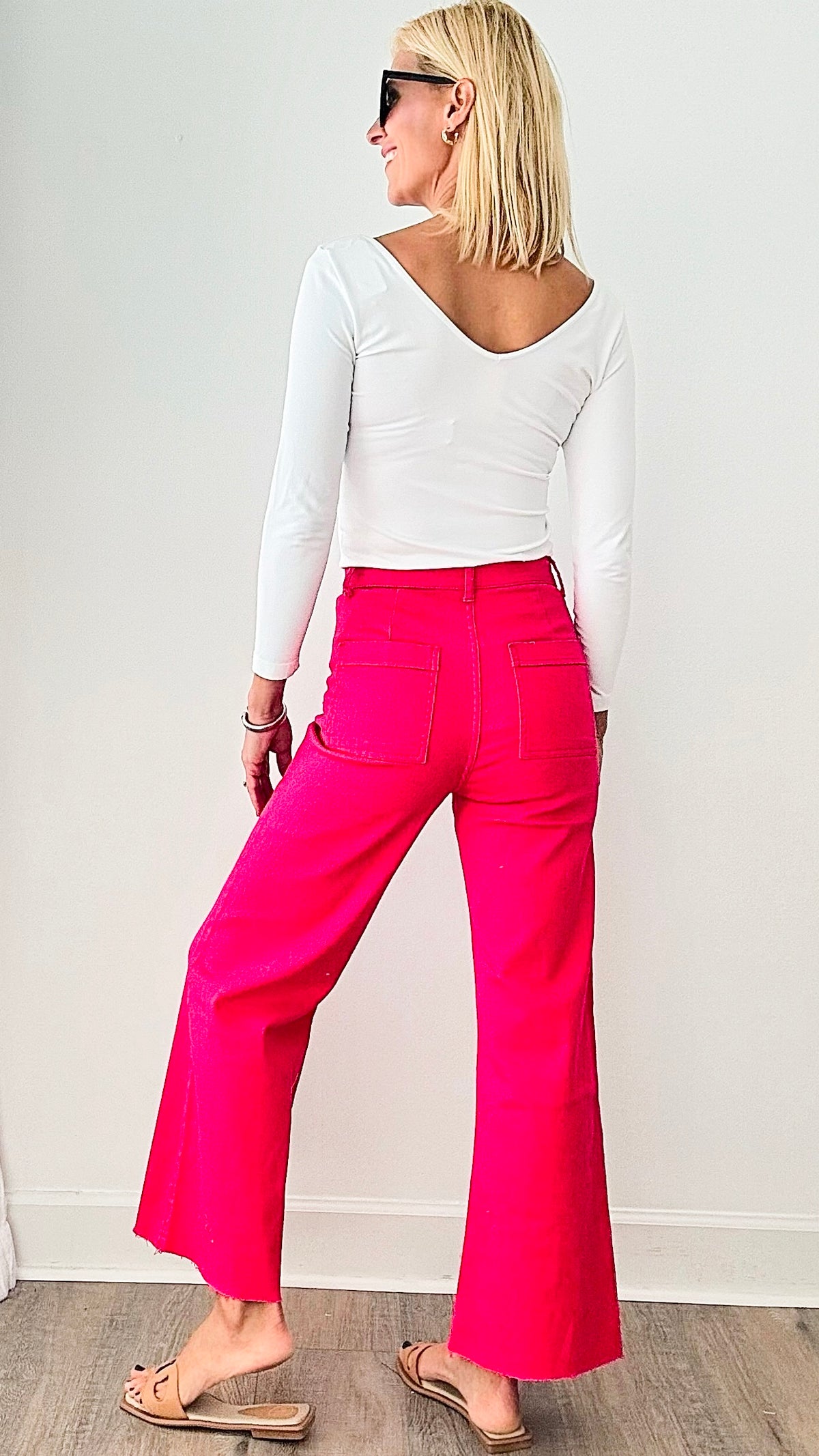 Stretch Wide Leg High Rise Cropped Denim Jean - Hot Pink-170 Bottoms-Anniewear-Coastal Bloom Boutique, find the trendiest versions of the popular styles and looks Located in Indialantic, FL