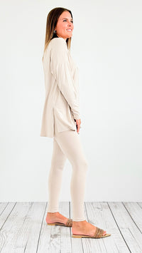 Brushed Microfiber Loungewear Set - Sand Beige-210 Loungewear/Sets-Zenana-Coastal Bloom Boutique, find the trendiest versions of the popular styles and looks Located in Indialantic, FL