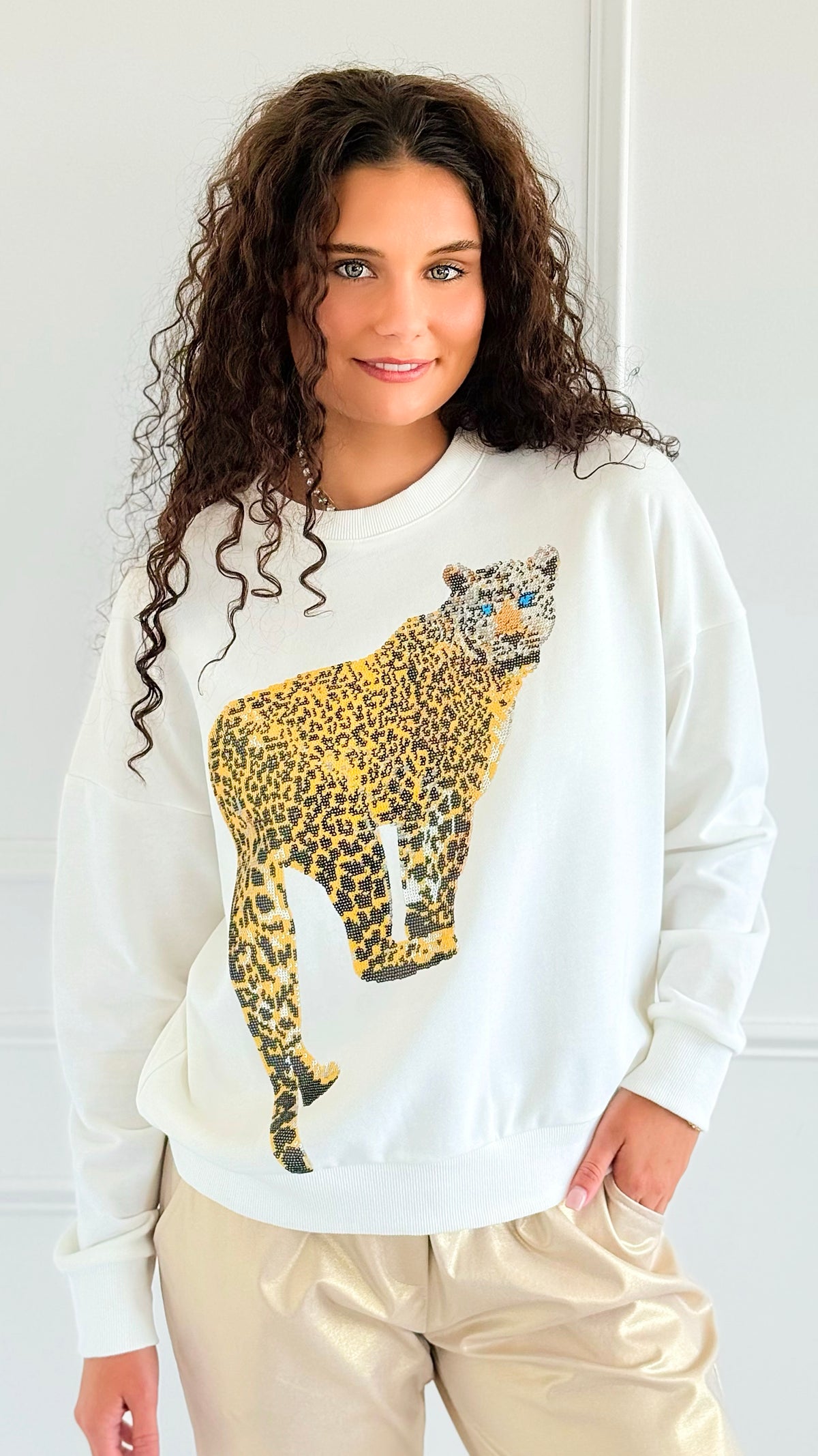 Golden Safari Sequin Sweatshirt-110 Long Sleeve Tops-Blue Velvet-Coastal Bloom Boutique, find the trendiest versions of the popular styles and looks Located in Indialantic, FL