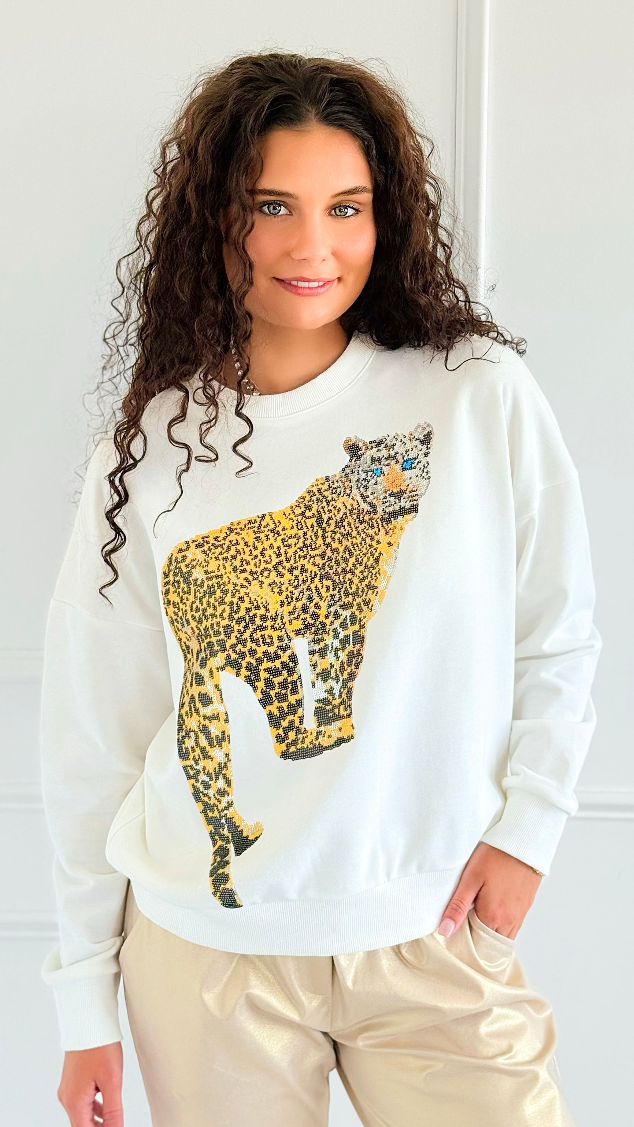 Golden Safari Sequin Sweatshirt-110 Long Sleeve Tops-Blue Velvet-Coastal Bloom Boutique, find the trendiest versions of the popular styles and looks Located in Indialantic, FL