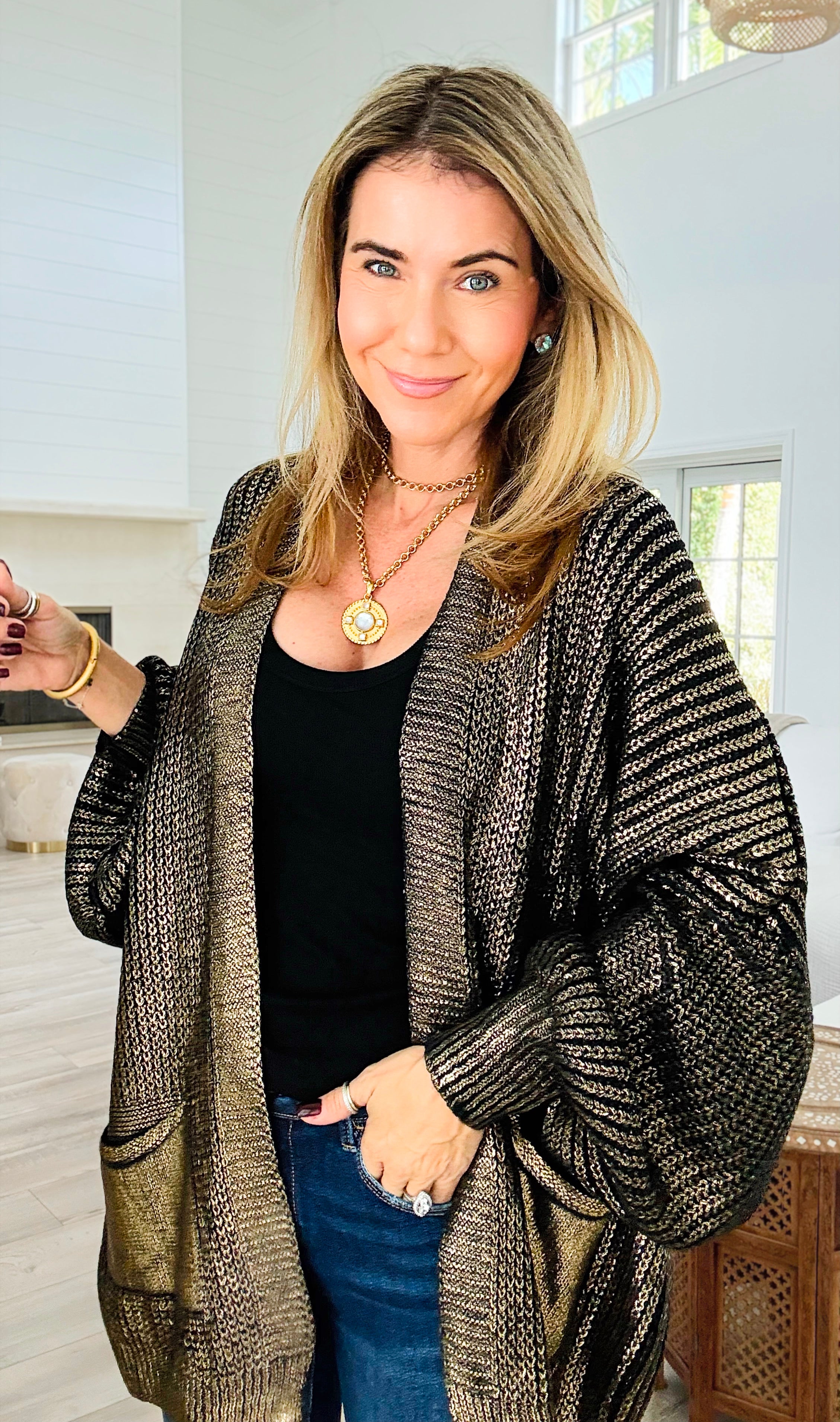 Mirrored Metallic Sugar High Italian Cardigan- Black/ Gold-150 Cardigan Layers-Italianissimo-Coastal Bloom Boutique, find the trendiest versions of the popular styles and looks Located in Indialantic, FL