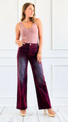 Velvet Wide-Leg Denim Pants - Burgundy-170 Bottoms-JJ'S FAIRYLAND-Coastal Bloom Boutique, find the trendiest versions of the popular styles and looks Located in Indialantic, FL