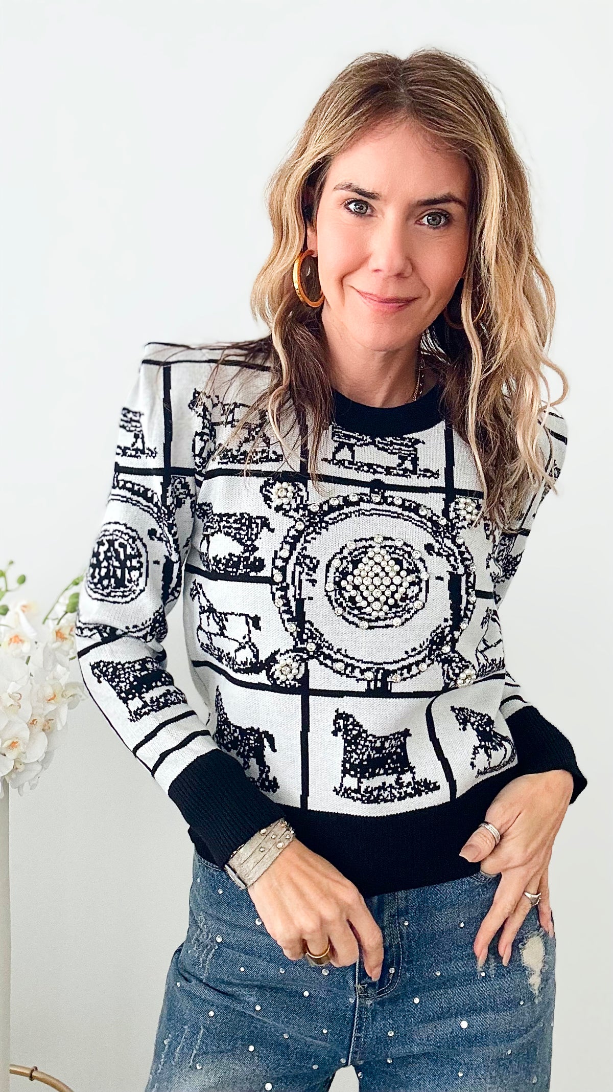 Equestrian Life Jacquard Knitted Sweater- Black-140 Sweaters-Chasing Bandits-Coastal Bloom Boutique, find the trendiest versions of the popular styles and looks Located in Indialantic, FL