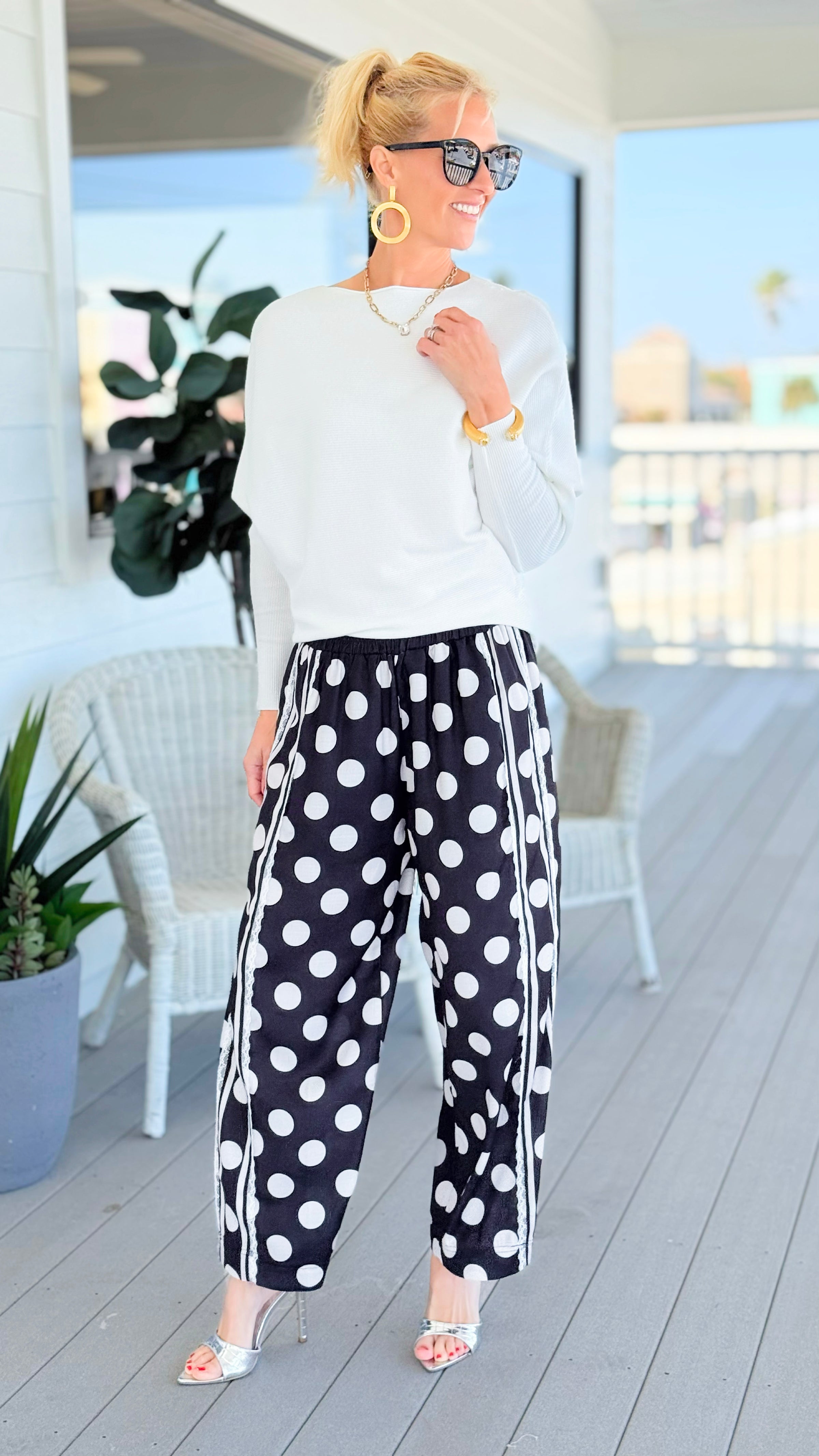 Playful Dot Lace Trim Wide Leg Pants - Black