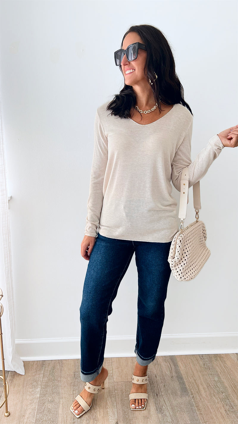 Recoleta Lurex Trim Italian Top - Beige-130 Long Sleeve Tops-Italianissimo-Coastal Bloom Boutique, find the trendiest versions of the popular styles and looks Located in Indialantic, FL