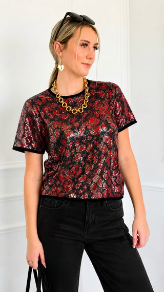 Sequin Animal Print Top - Black