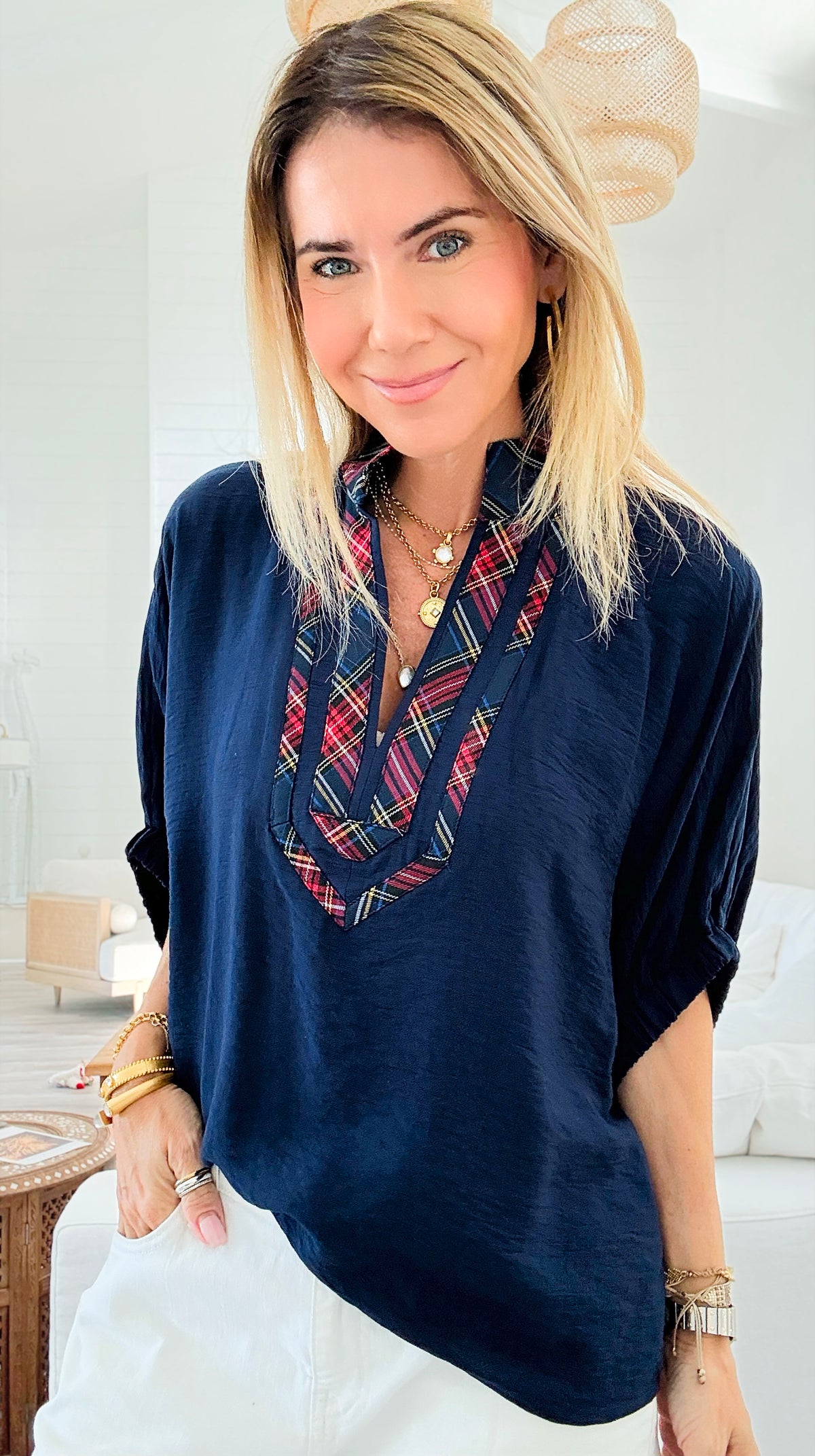 Bold Plaid Trim Blouse - Navy-110 Short Sleeve Tops-entro-Coastal Bloom Boutique, find the trendiest versions of the popular styles and looks Located in Indialantic, FL
