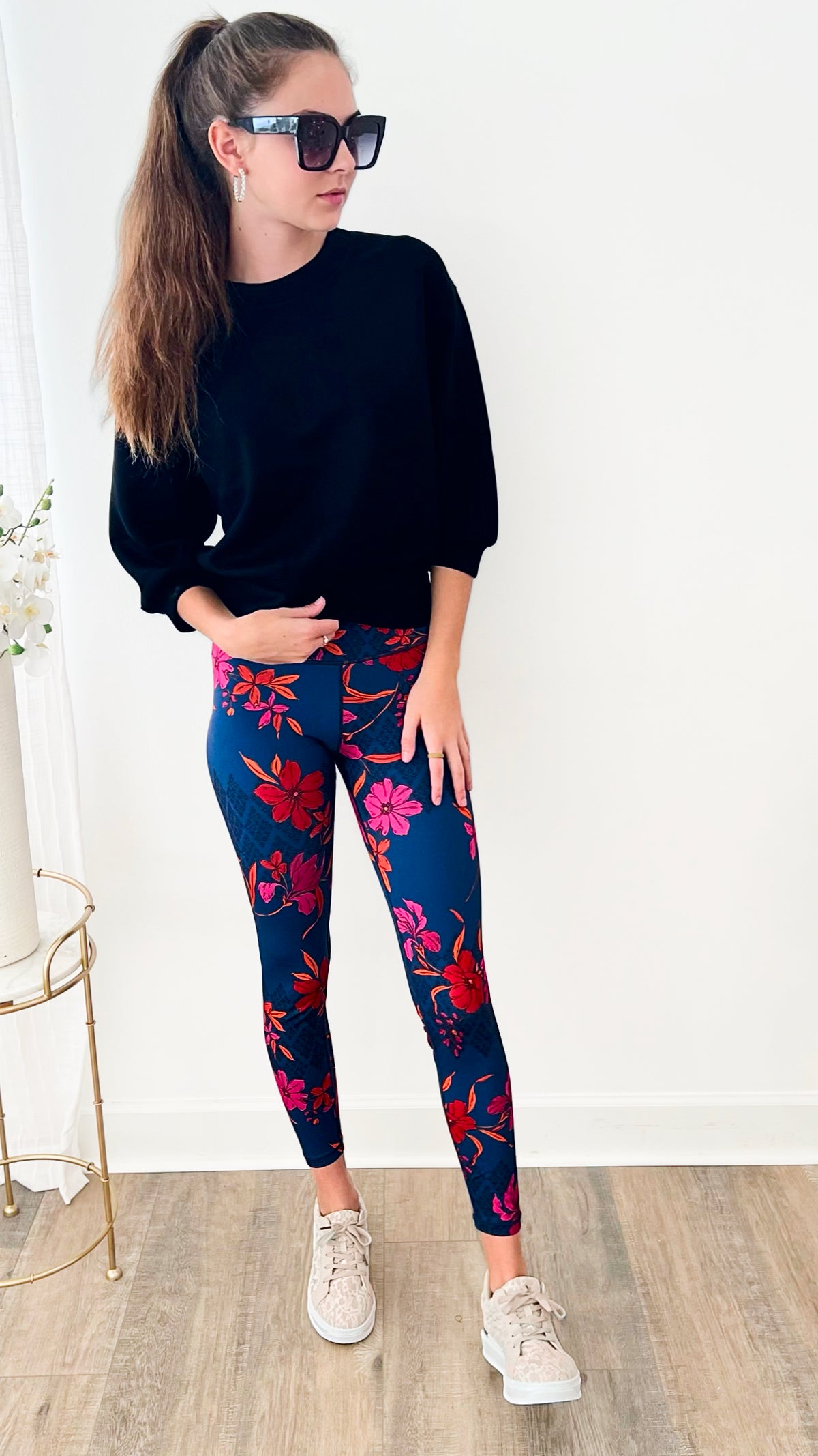 High Waisted Hibiscus Floral Leggings-210 Loungewear/Sets-YELETE-Coastal Bloom Boutique, find the trendiest versions of the popular styles and looks Located in Indialantic, FL