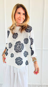 Noir Petals Short Sleeve Italian St Tropez Knit- Black-140 Sweaters-Italianissimo-Coastal Bloom Boutique, find the trendiest versions of the popular styles and looks Located in Indialantic, FL
