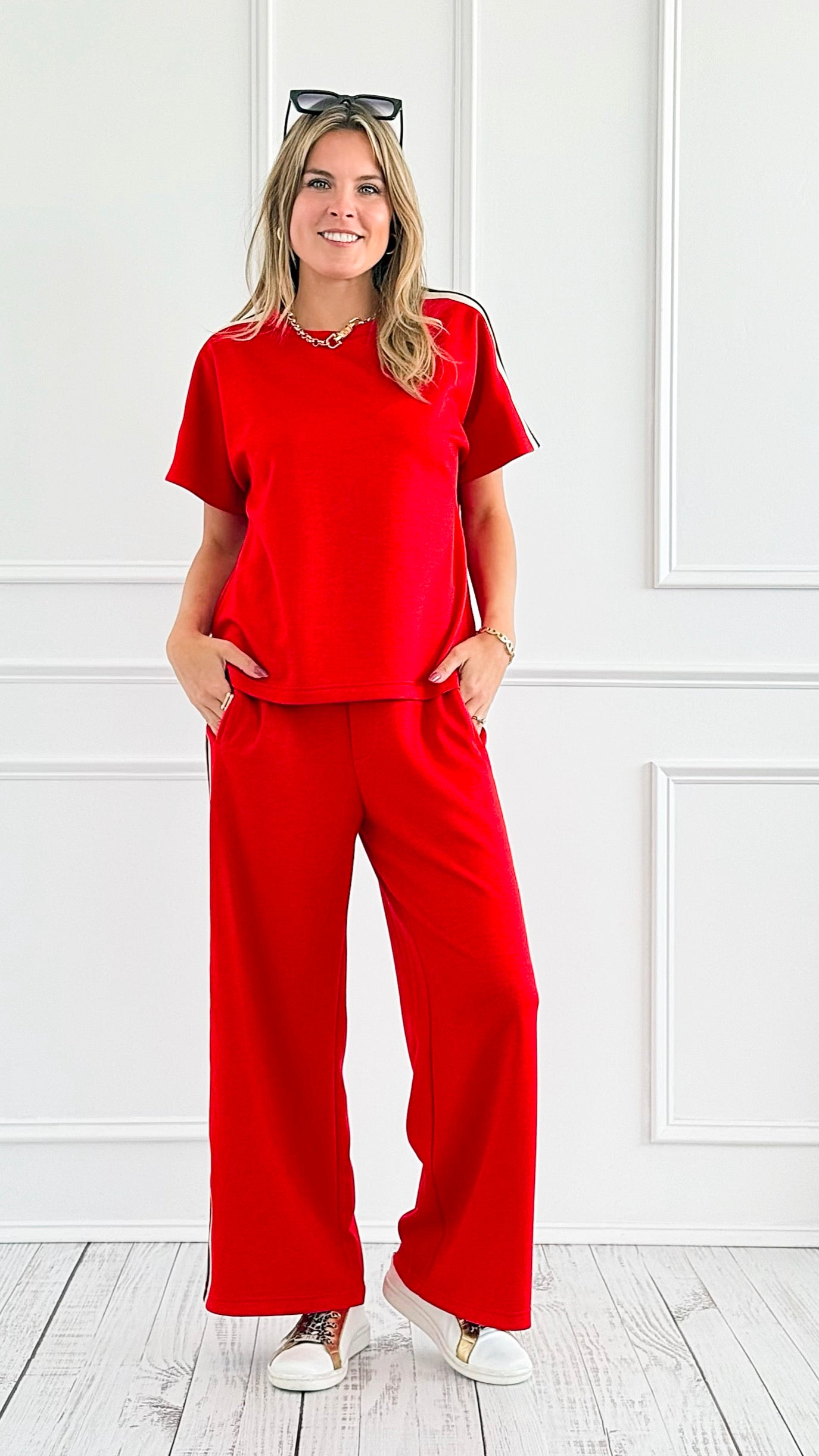 Striped Down Line Wide-Leg Pant Set - Red-210 Loungewear/sets-Jodifl-Coastal Bloom Boutique, find the trendiest versions of the popular styles and looks Located in Indialantic, FL