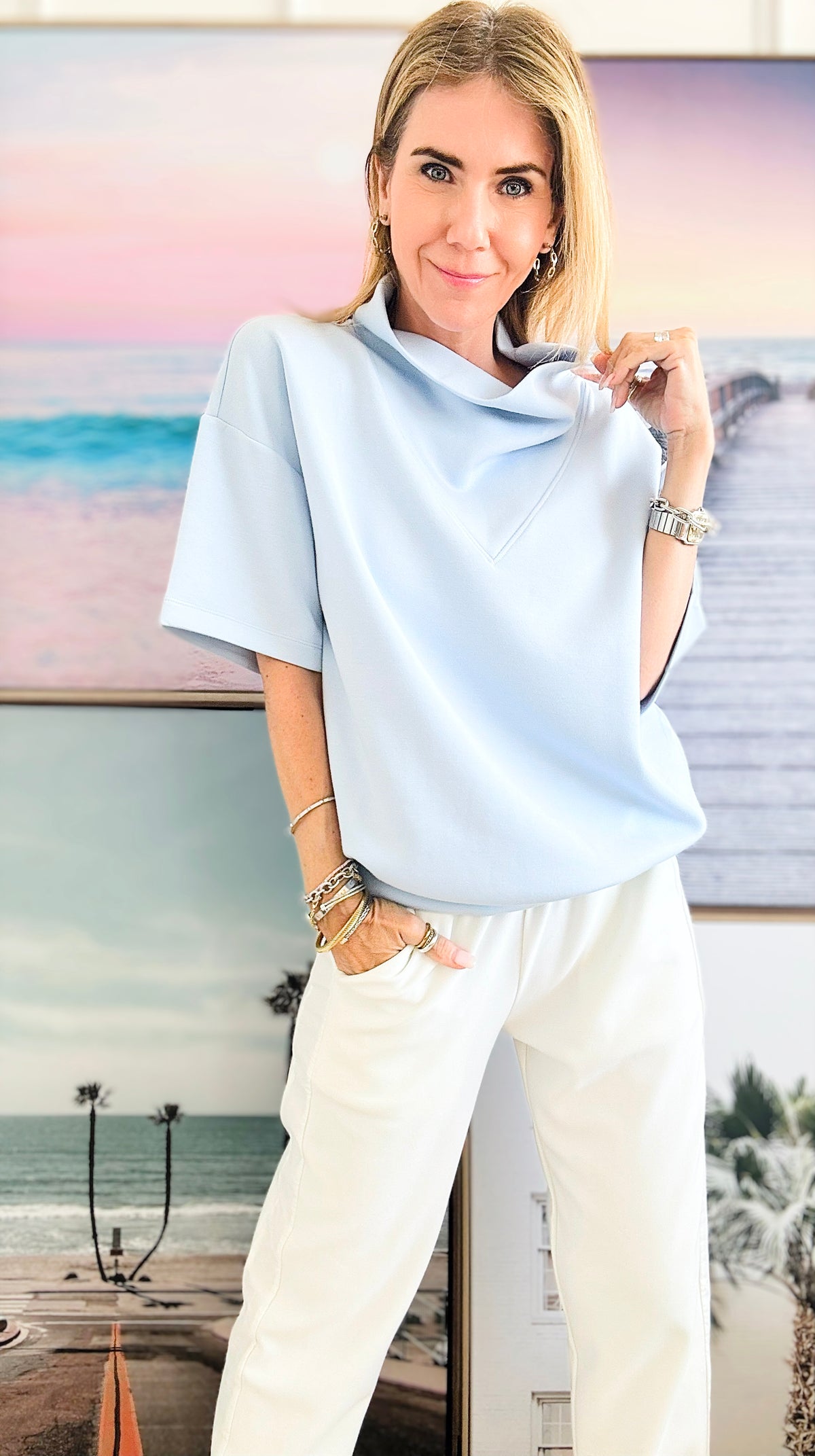 Suave Scuba Cowl Neck Top - Soft Blue-110 Short Sleeve Tops-Rae Mode-Coastal Bloom Boutique, find the trendiest versions of the popular styles and looks Located in Indialantic, FL