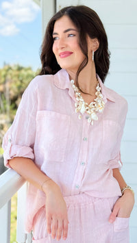 Riviera Days Linen Italian Button Top- Blush