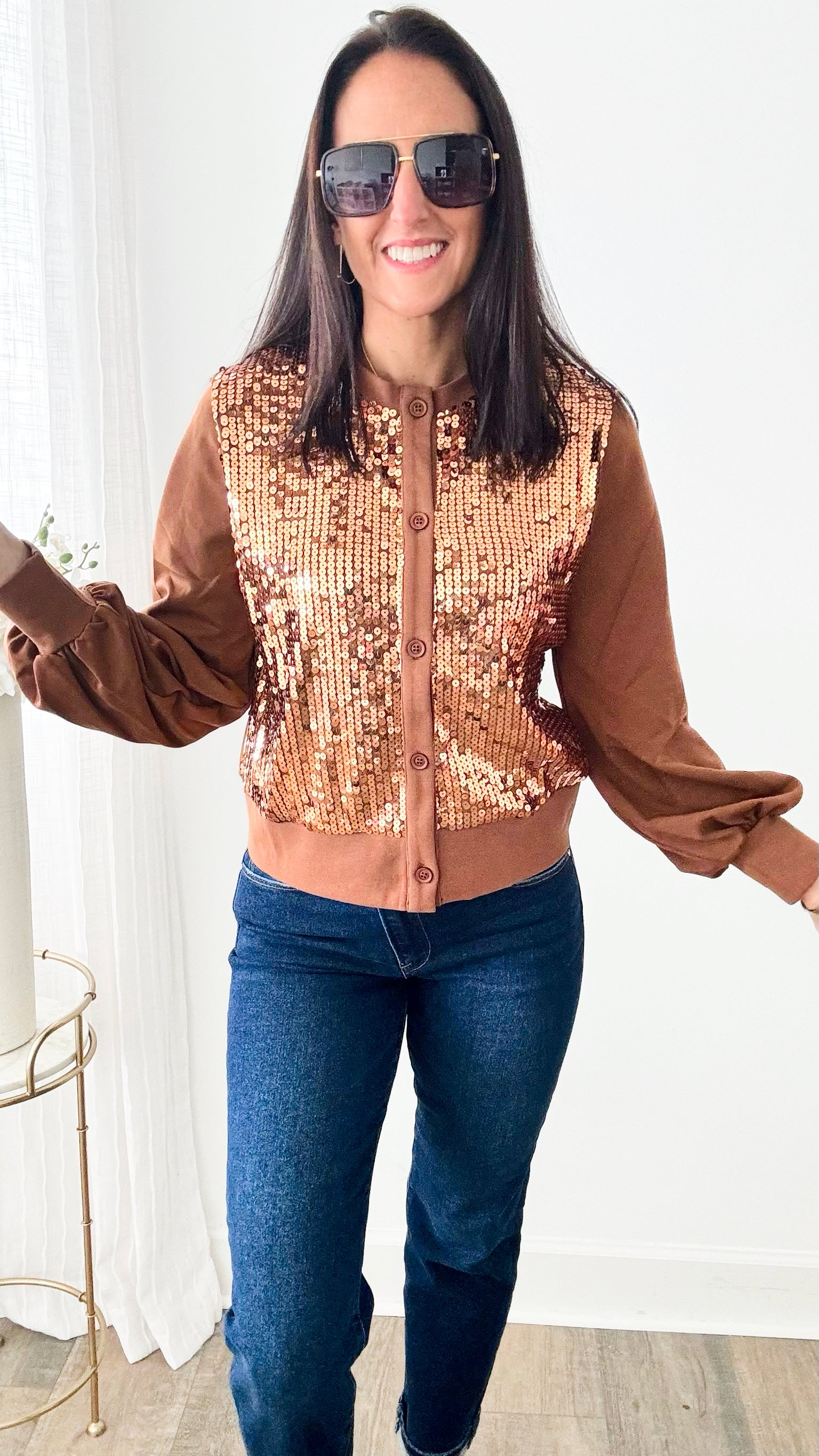 Sequin Front Button Down Jacket - Mocha-160 Jackets-GIGIO-Coastal Bloom Boutique, find the trendiest versions of the popular styles and looks Located in Indialantic, FL