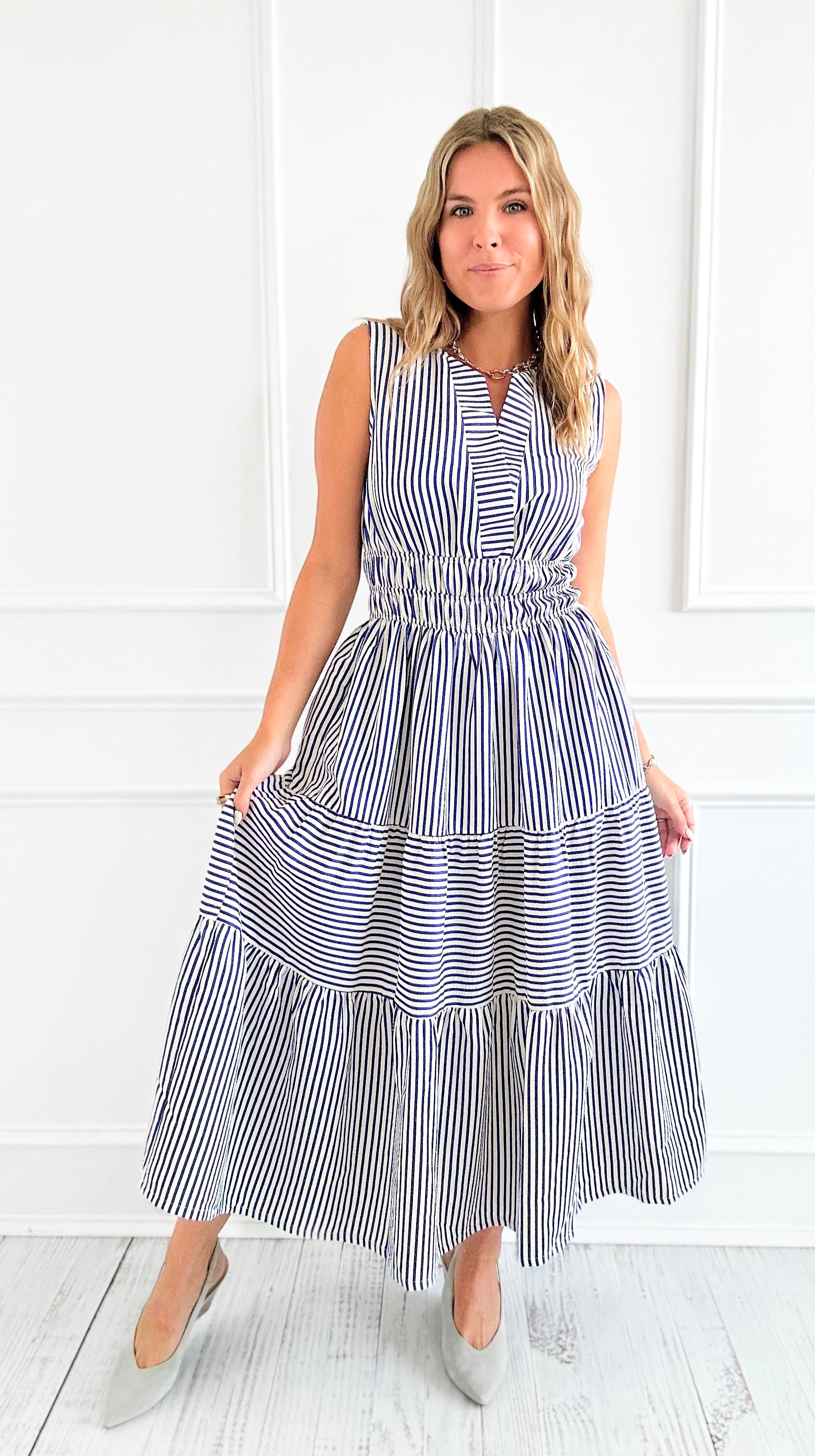 Sailaway Stripe Tiered Midi Dress-200 Dresses/Jumpsuits/Rompers-she+sky-Coastal Bloom Boutique, find the trendiest versions of the popular styles and looks Located in Indialantic, FL