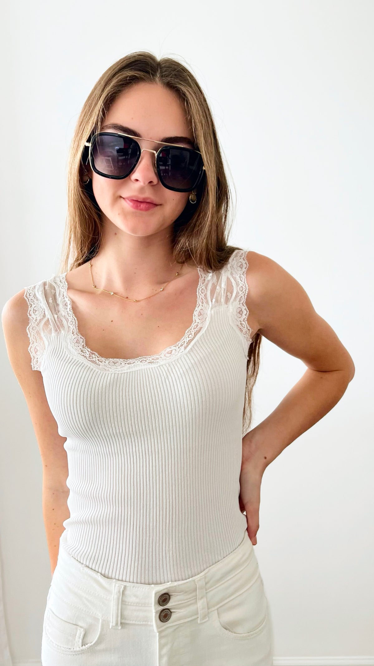 Lace Ribbed Italian Cami - White-100 Sleeveless Tops-Italianissimo-Coastal Bloom Boutique, find the trendiest versions of the popular styles and looks Located in Indialantic, FL