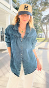 Gathered Detail Acid Wash Denim Blouse-110 Long Sleeve Tops-sew in love-Coastal Bloom Boutique, find the trendiest versions of the popular styles and looks Located in Indialantic, FL
