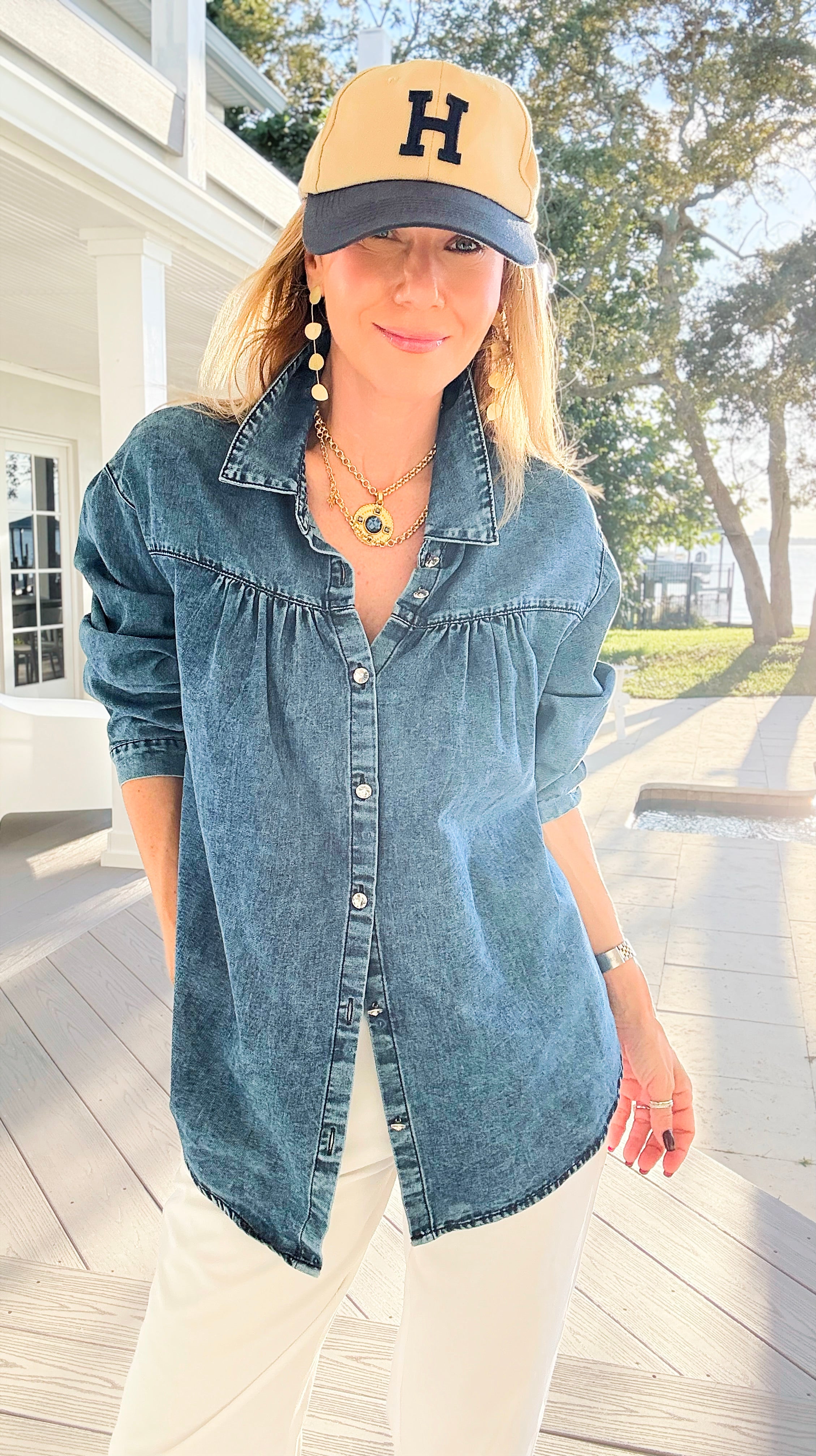 Gathered Detail Acid Wash Denim Blouse-110 Long Sleeve Tops-sew in love-Coastal Bloom Boutique, find the trendiest versions of the popular styles and looks Located in Indialantic, FL