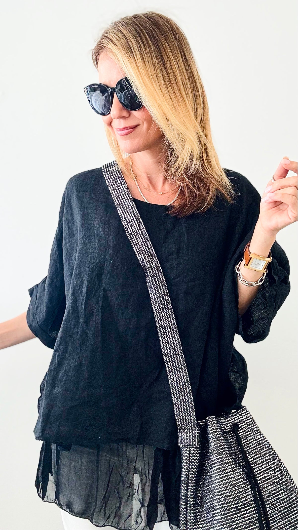 Linen Ruffle Italian Top - Black-110 Short Sleeve Tops-Italianissimo-Coastal Bloom Boutique, find the trendiest versions of the popular styles and looks Located in Indialantic, FL