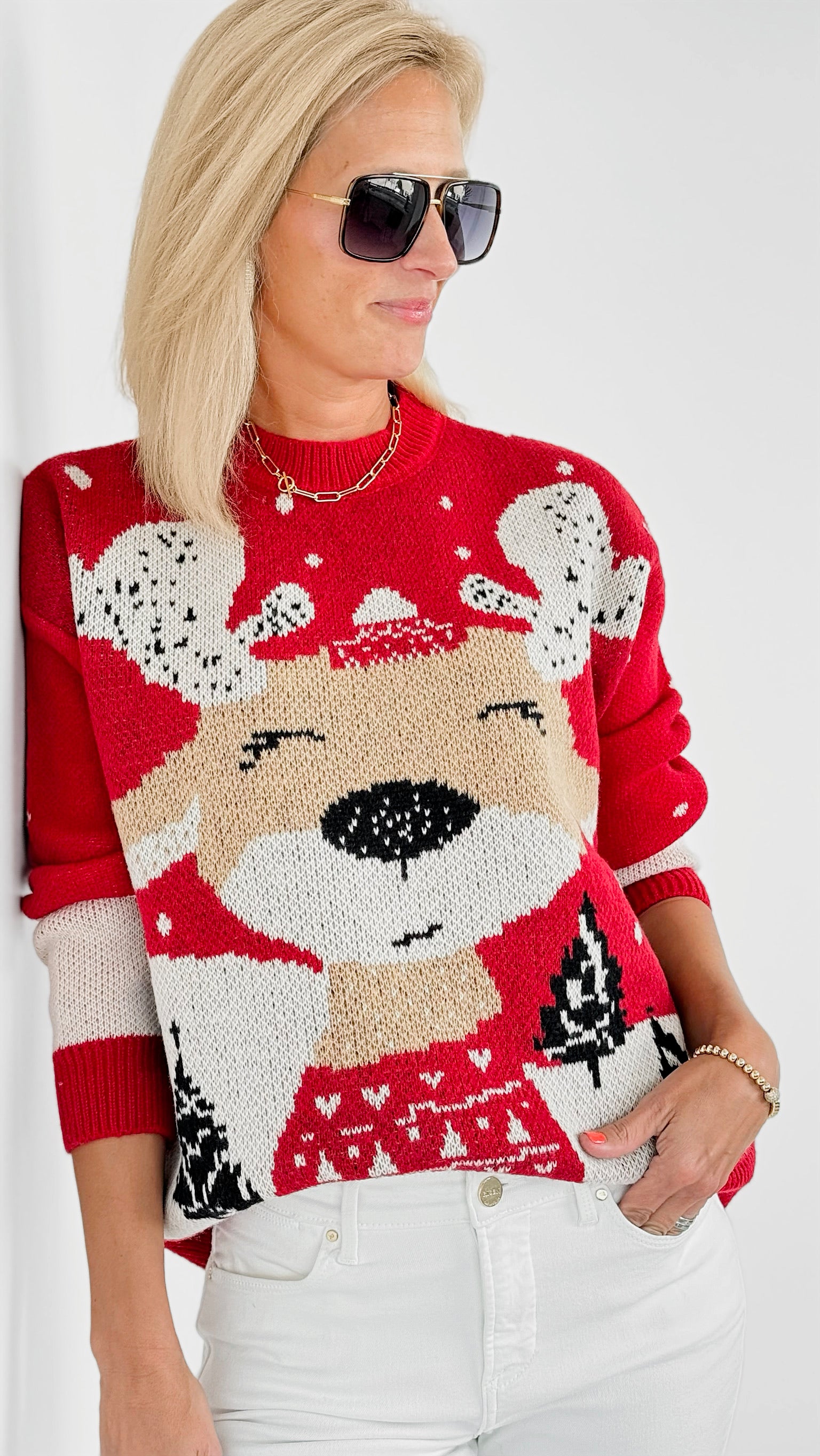 Rudolph Printed Sweater - Red-140 Sweaters-On Blue-Coastal Bloom Boutique, find the trendiest versions of the popular styles and looks Located in Indialantic, FL