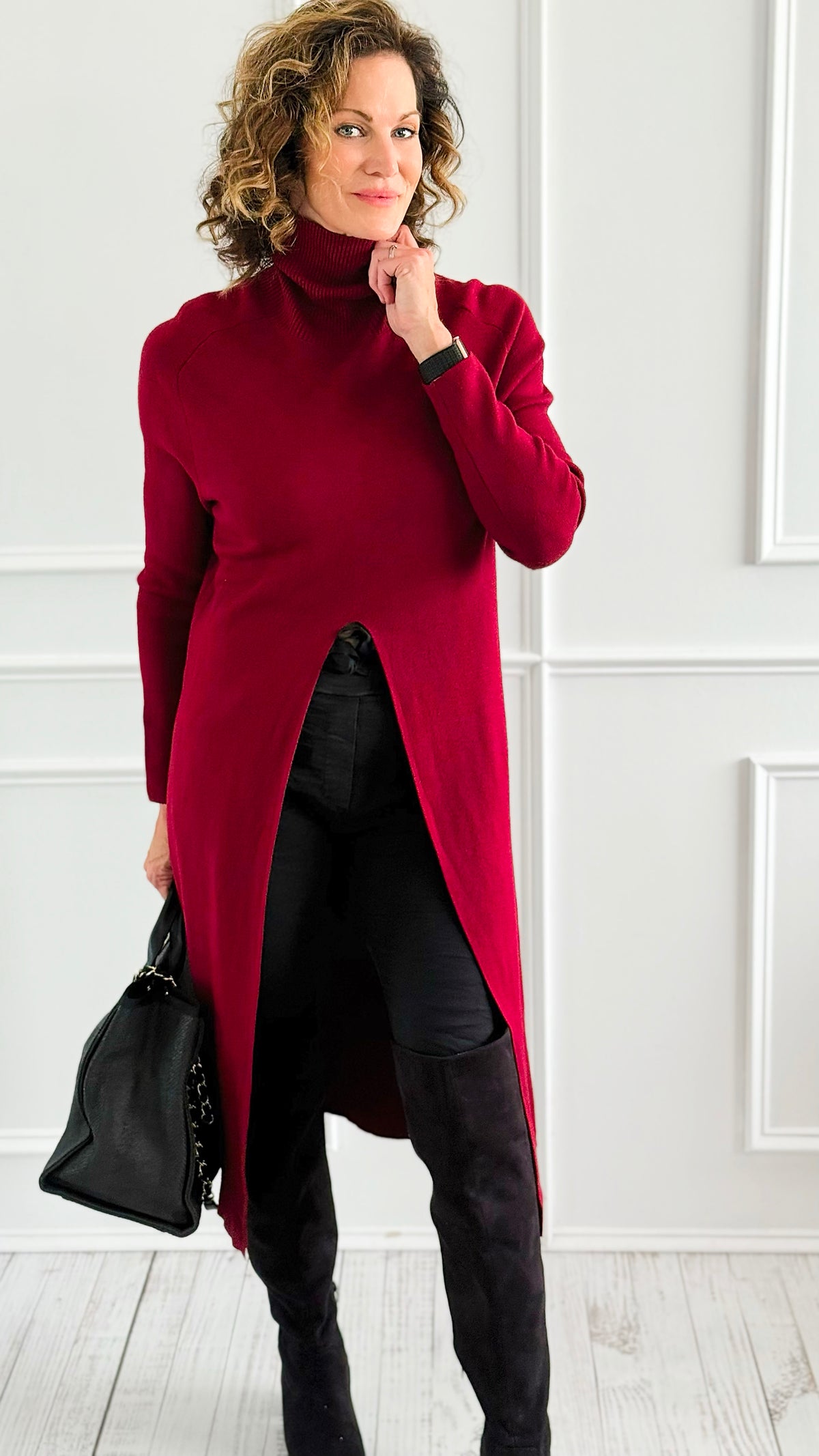 Chic Long Split Italian Sweater - Wine-150 Cardigans/Layers-Italianissimo/Z Studio-Coastal Bloom Boutique, find the trendiest versions of the popular styles and looks Located in Indialantic, FL