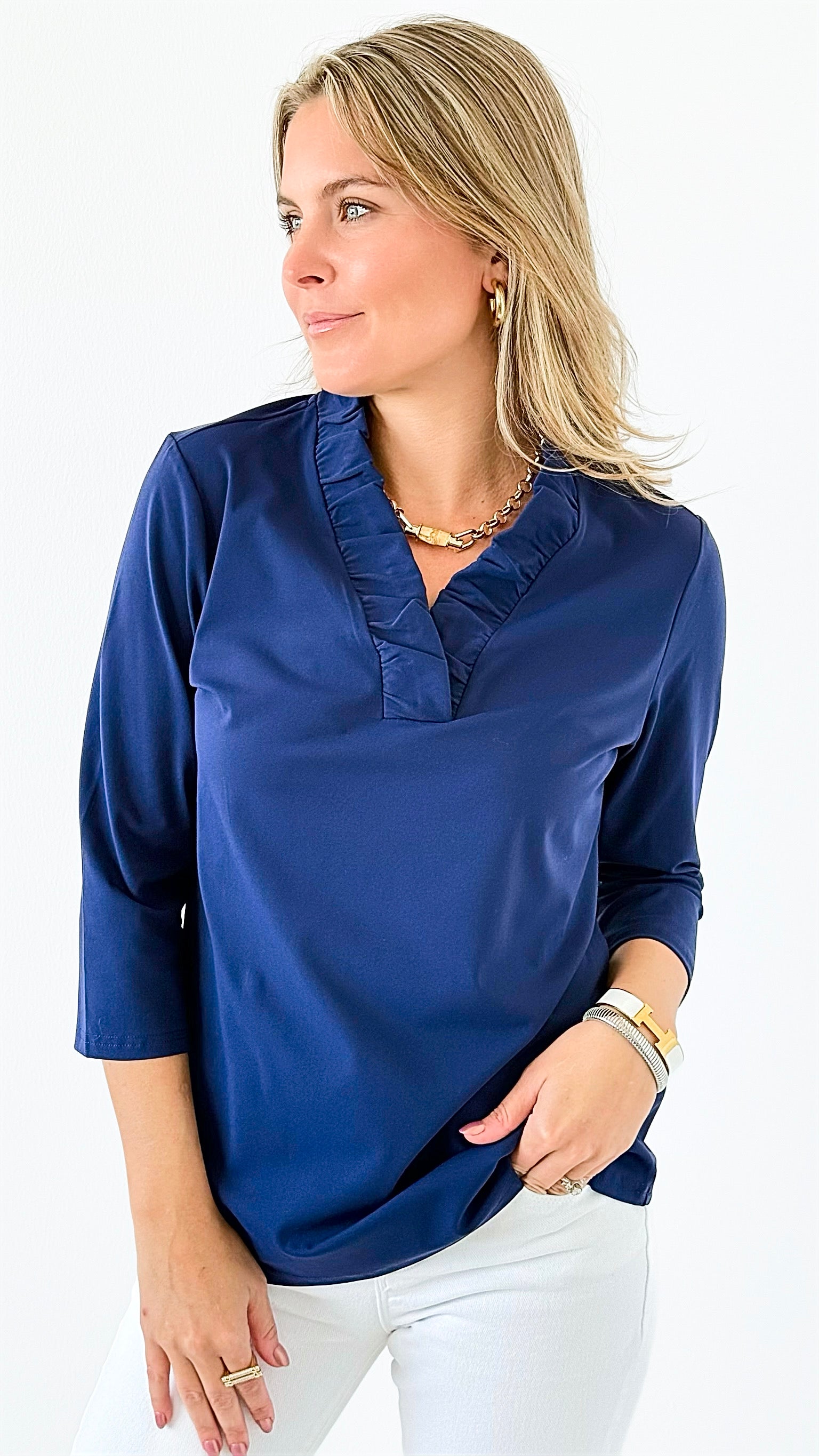 Tabatha Ruffle Neck Top - Navy-130 Long Sleeve Tops-ARYEH-Coastal Bloom Boutique, find the trendiest versions of the popular styles and looks Located in Indialantic, FL