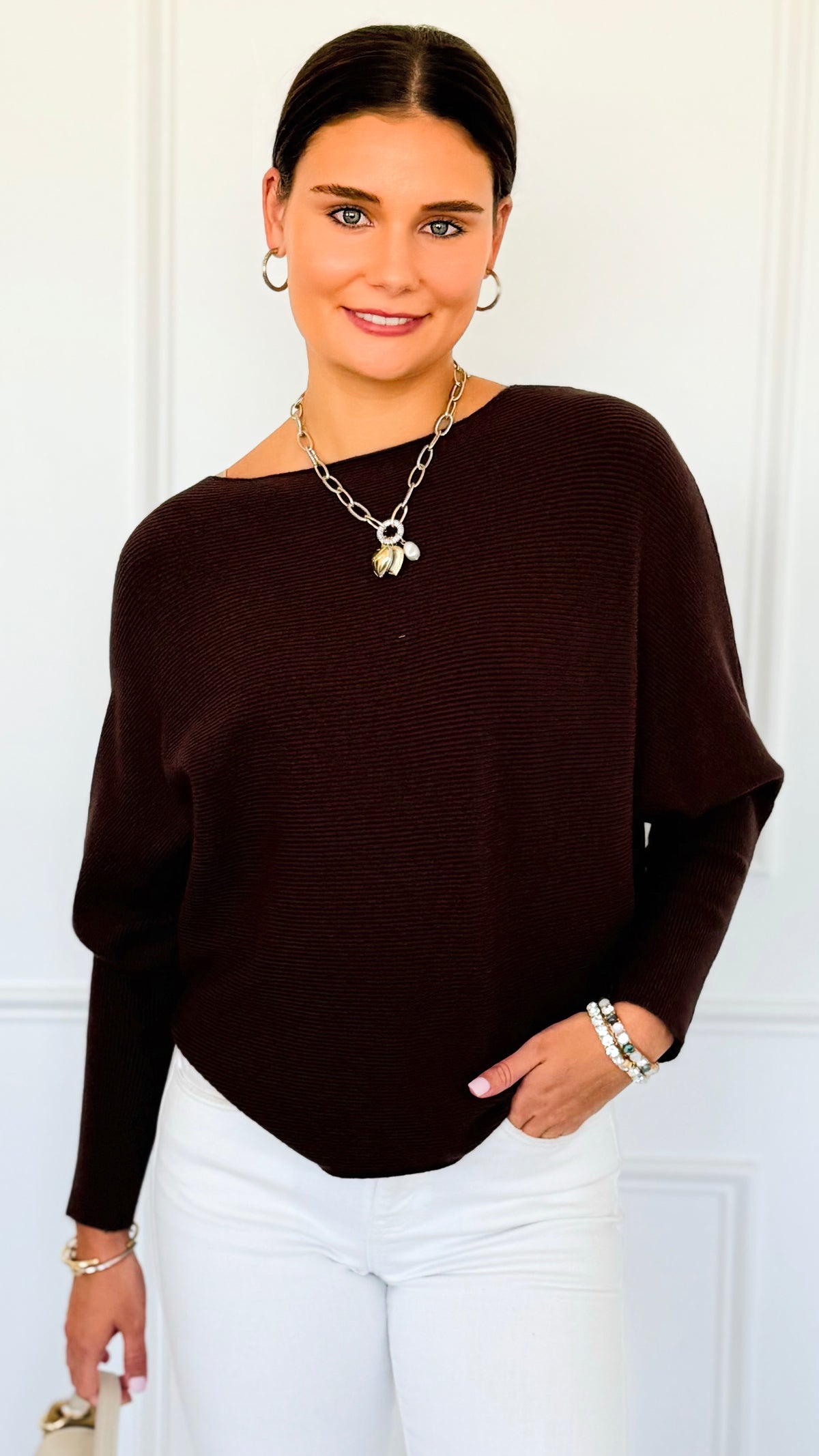 Ribbed Italian Pullover- Chocolate-140 Sweaters-Italianissimo-Coastal Bloom Boutique, find the trendiest versions of the popular styles and looks Located in Indialantic, FL