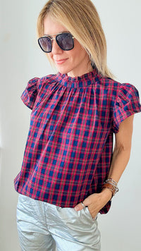Plaid Flutter Sleeves Blouse - Red + Navy-110 Short Sleeve Tops-day + moon-Coastal Bloom Boutique, find the trendiest versions of the popular styles and looks Located in Indialantic, FL