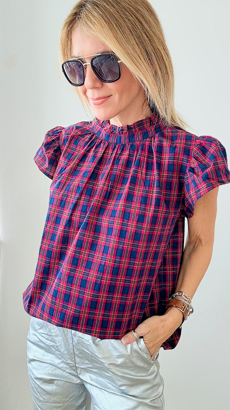 Plaid Flutter Sleeves Blouse - Red + Navy-110 Short Sleeve Tops-day + moon-Coastal Bloom Boutique, find the trendiest versions of the popular styles and looks Located in Indialantic, FL