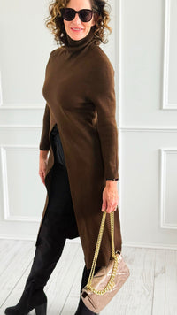 Chic Long Split Italian Sweater - Brown-150 Cardigans/Layers-Italianissimo/Z Studio-Coastal Bloom Boutique, find the trendiest versions of the popular styles and looks Located in Indialantic, FL