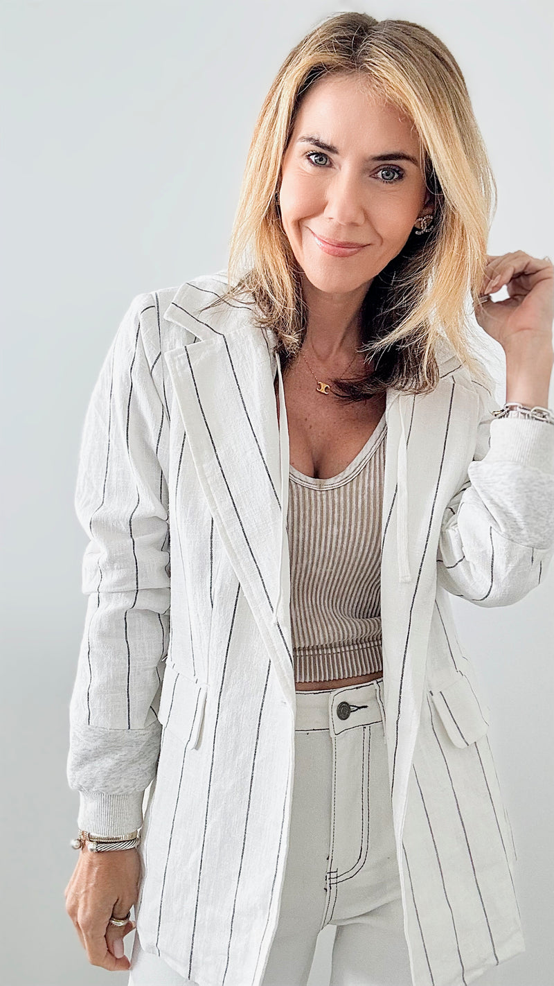 Pinstripe Linen Hooded Jacket-160 Jackets-Fate By LFD-Coastal Bloom Boutique, find the trendiest versions of the popular styles and looks Located in Indialantic, FL