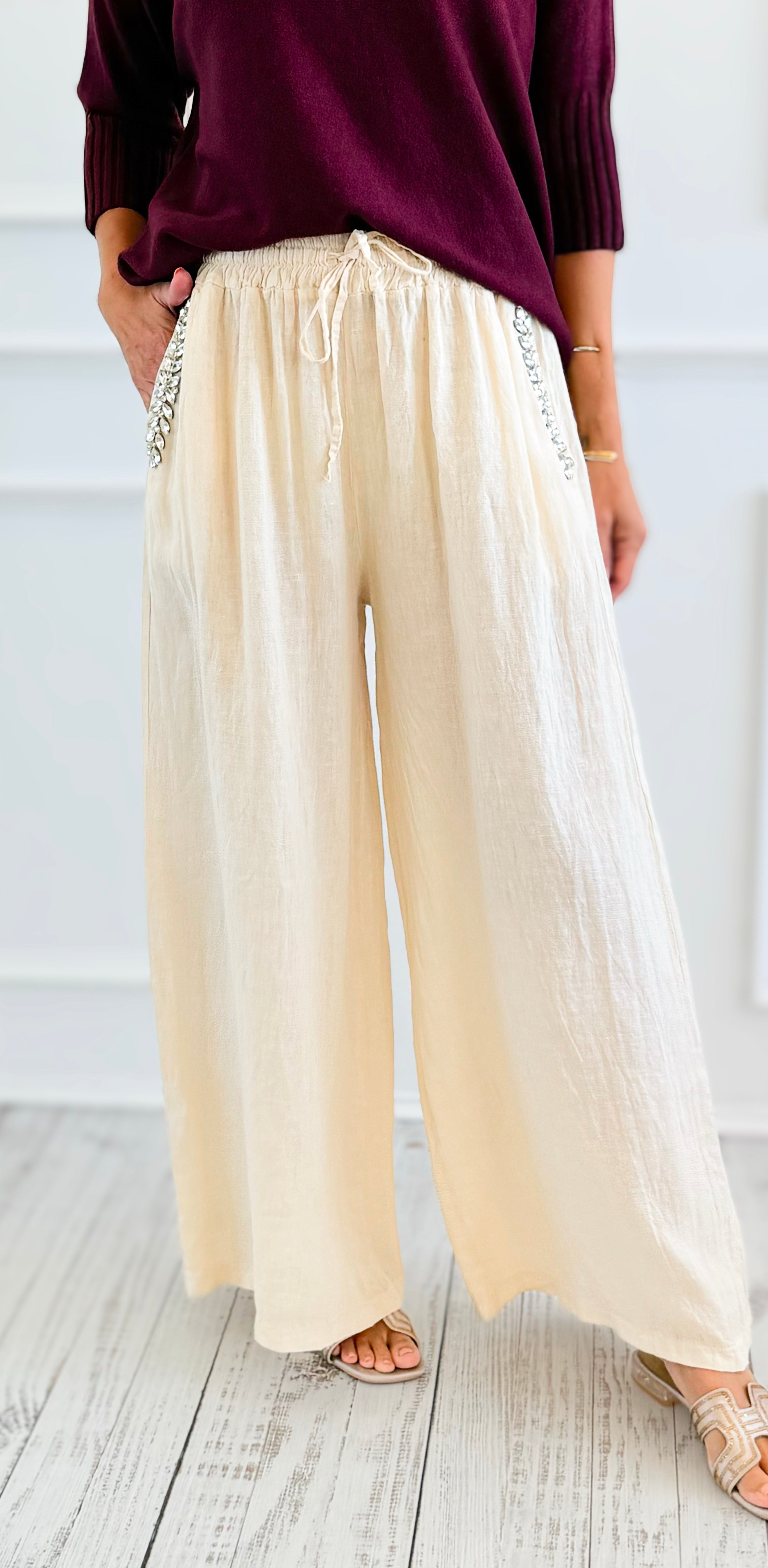 Ease Embellished Linen Italian Relaxed Pant- Cream-100 Pants-TATTOO Z-Coastal Bloom Boutique, find the trendiest versions of the popular styles and looks Located in Indialantic, FL