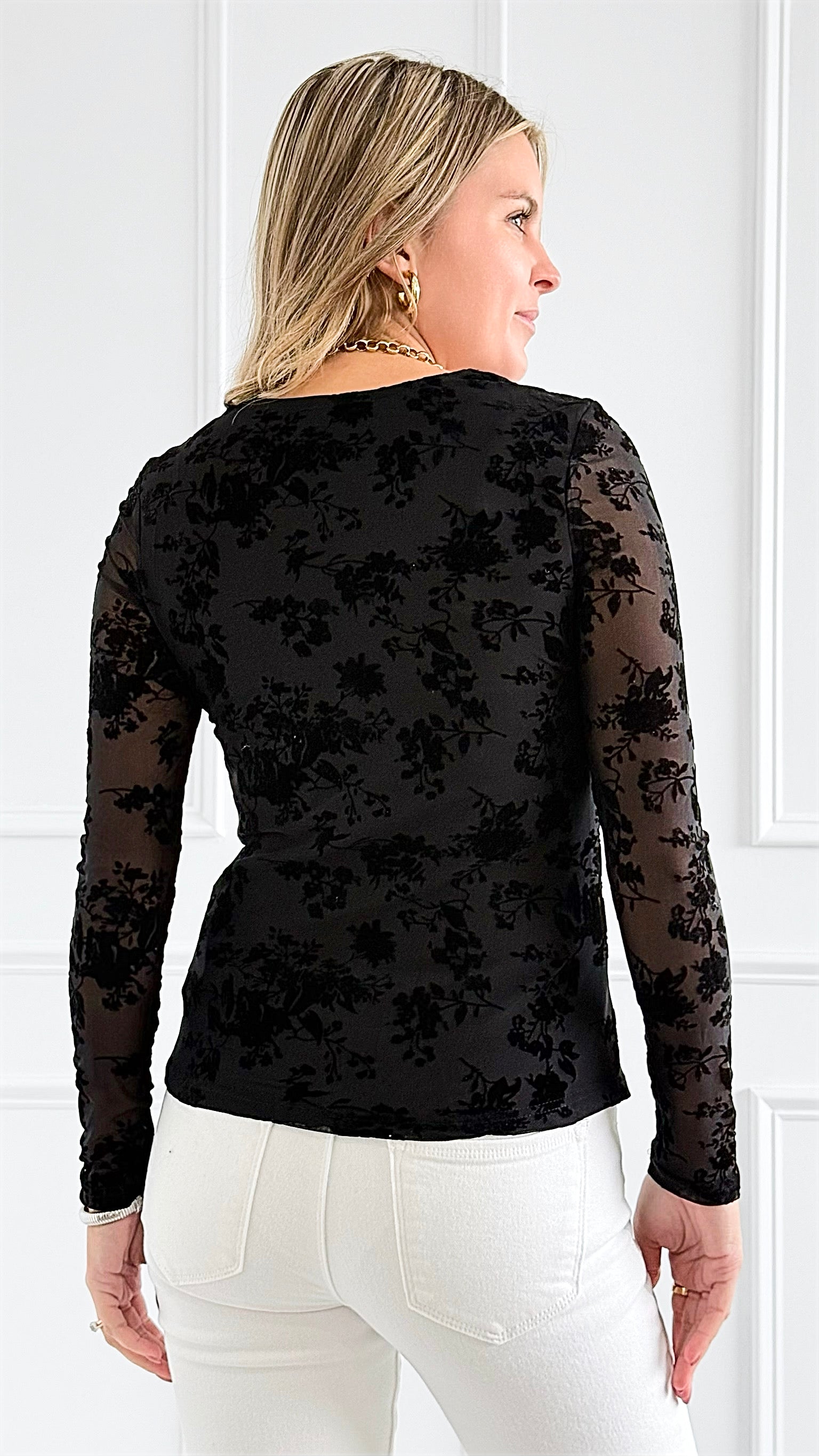Velvet Floral Mesh Top-130 Long Sleeve Tops-7Mango7-Coastal Bloom Boutique, find the trendiest versions of the popular styles and looks Located in Indialantic, FL