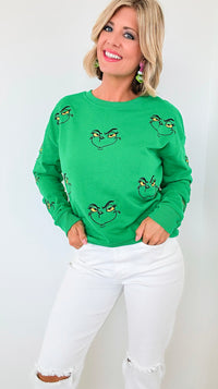 Grinch Embellished Sweatshirt-130 Long Sleeve Tops-Why Dress-Coastal Bloom Boutique, find the trendiest versions of the popular styles and looks Located in Indialantic, FL