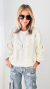 Fiora French Scuba Ribbon-Bow Sweatshirt - White-130 Long Sleeve Tops-Joh Apparel-Coastal Bloom Boutique, find the trendiest versions of the popular styles and looks Located in Indialantic, FL