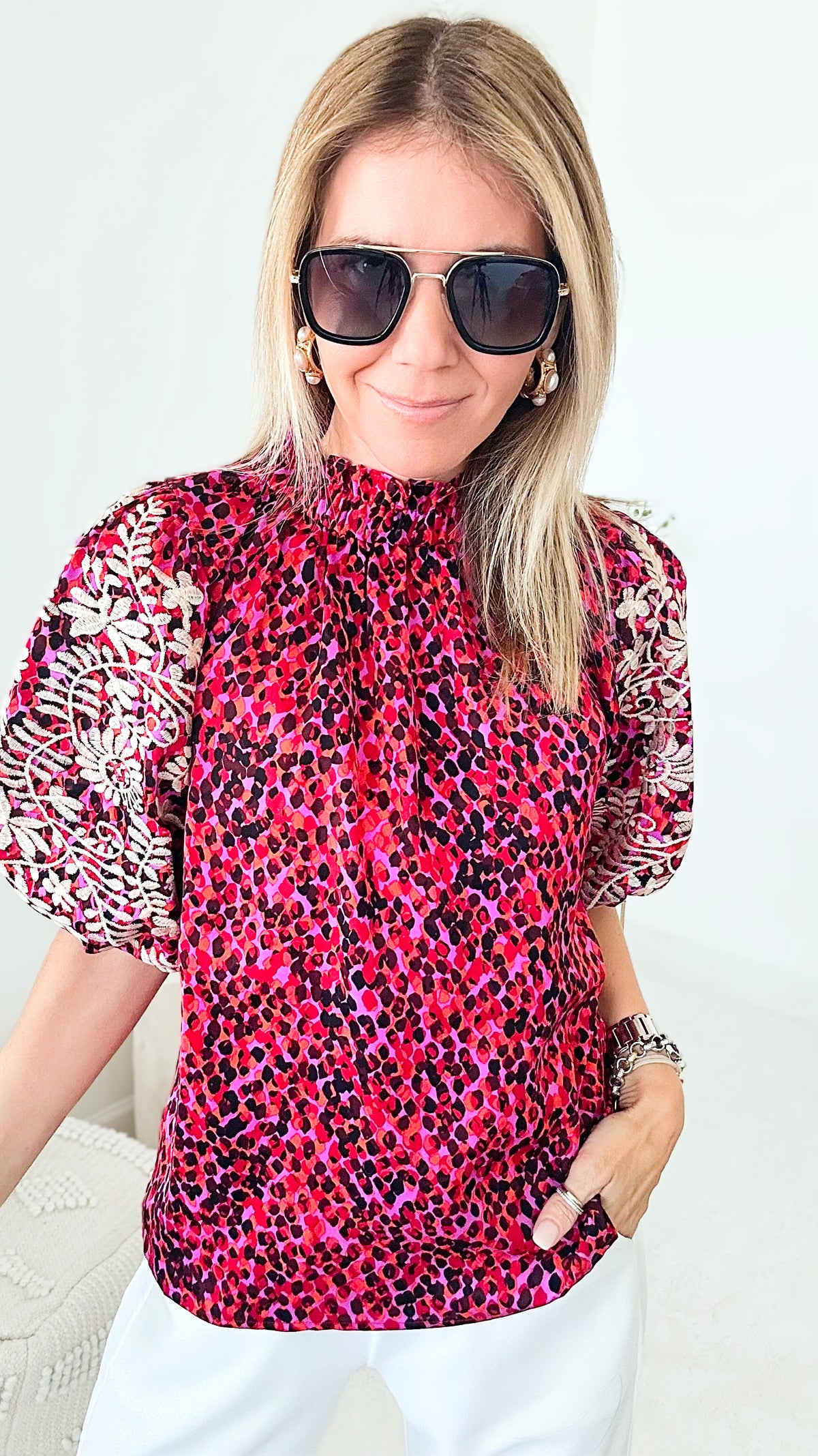 Embroidered Perfect Puff Sleeve Print Top-100 Sleeveless Tops-T H M L-Coastal Bloom Boutique, find the trendiest versions of the popular styles and looks Located in Indialantic, FL