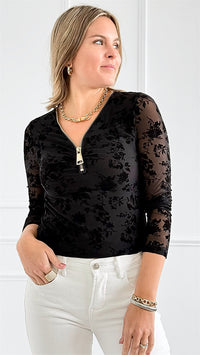 Velvet Floral Mesh Top-130 Long Sleeve Tops-7Mango7-Coastal Bloom Boutique, find the trendiest versions of the popular styles and looks Located in Indialantic, FL